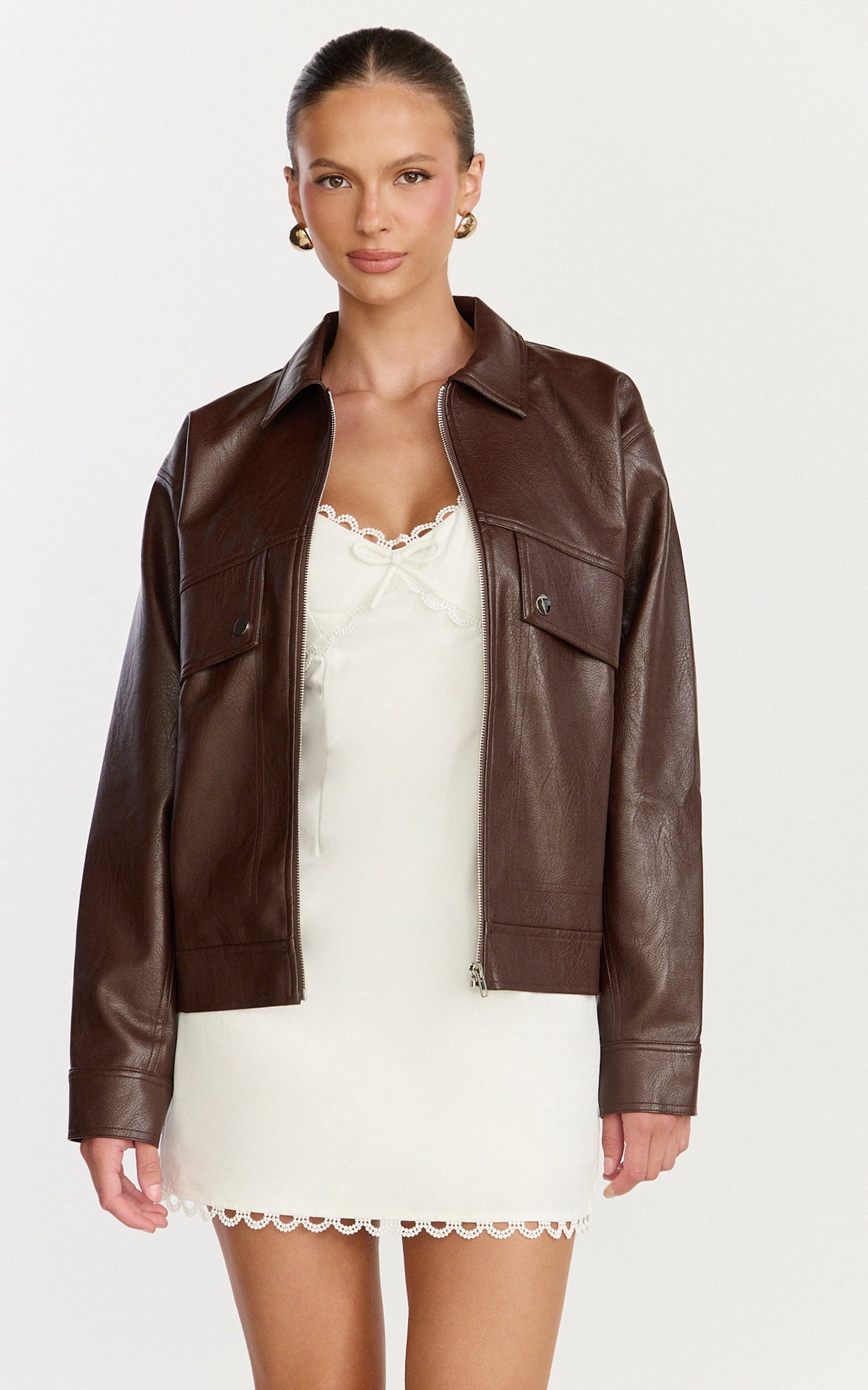 Lumi Jacket - Faux Leather Bomber Jacket in Chocolate