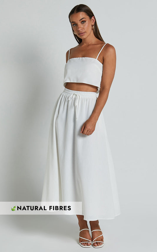 Lumi Two Piece Set -Linen Strappy Crop Top and Drawstring Midi Skirt in White