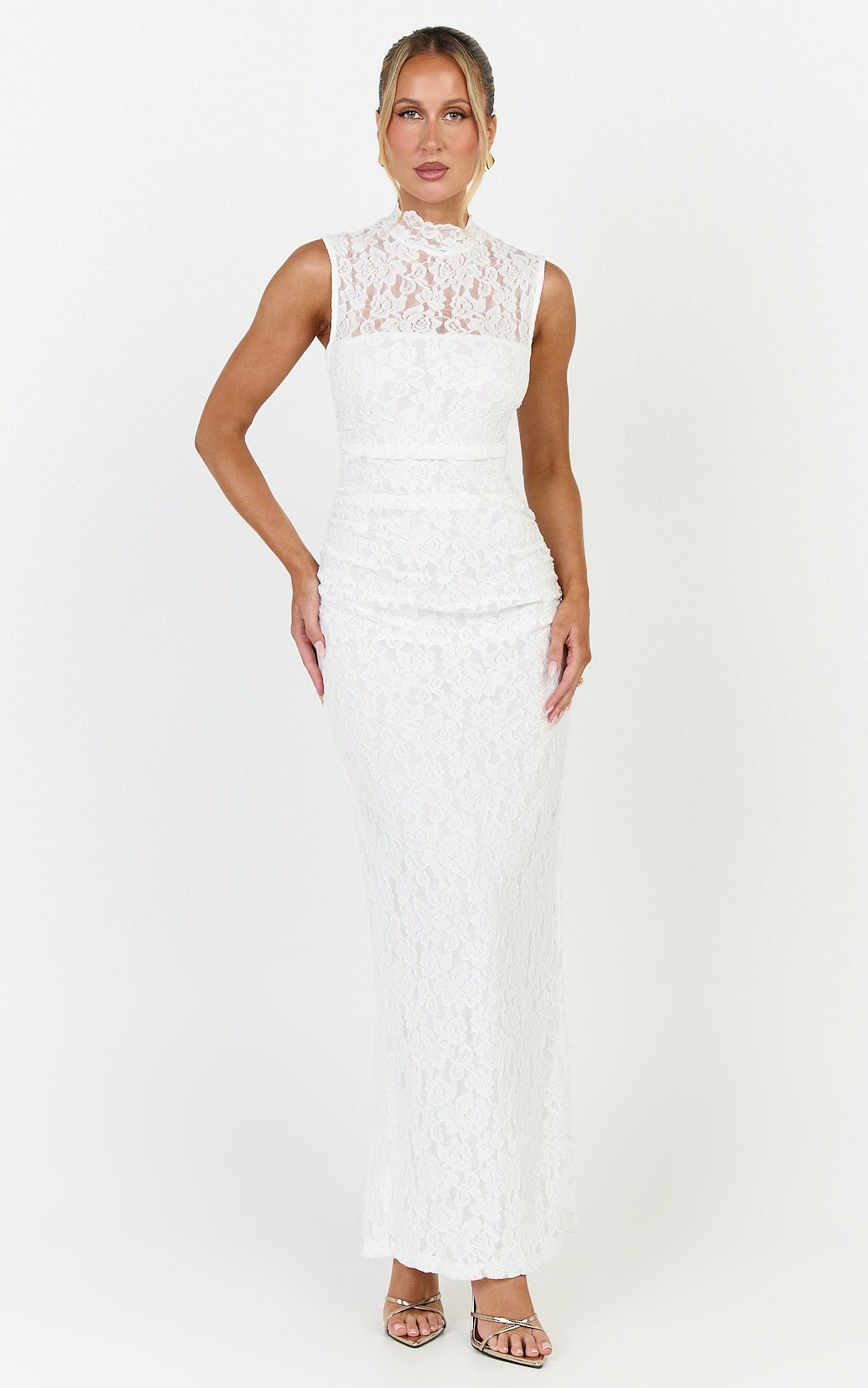 Luna Maxi Dress - Lace High Neck Sleeveless Dress in White