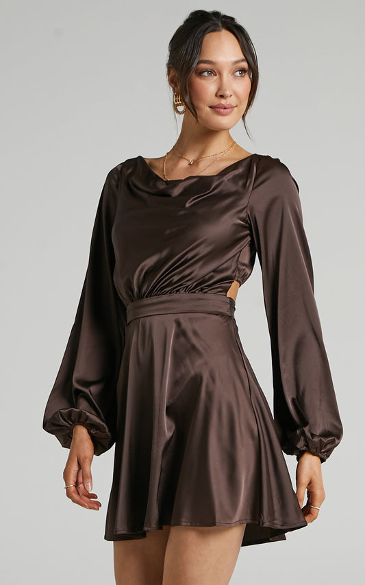 Lupe Mini Dress - Cowl Neck Satin Dress in Chocolate Satin