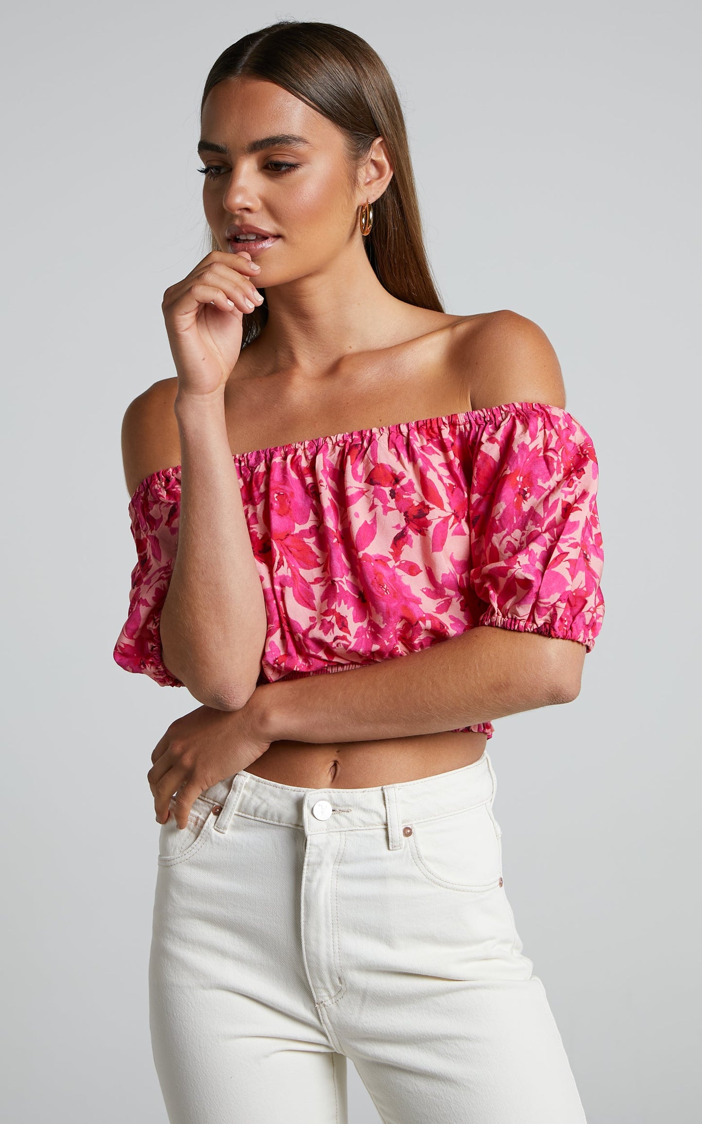 Lydia Top - Off Shoulder Puff Sleeve Shirred Top in Pink Floral