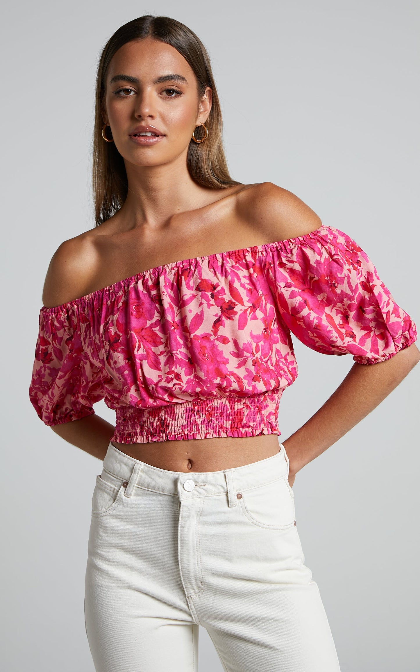 Lydia Top - Off Shoulder Puff Sleeve Shirred Top in Pink Floral