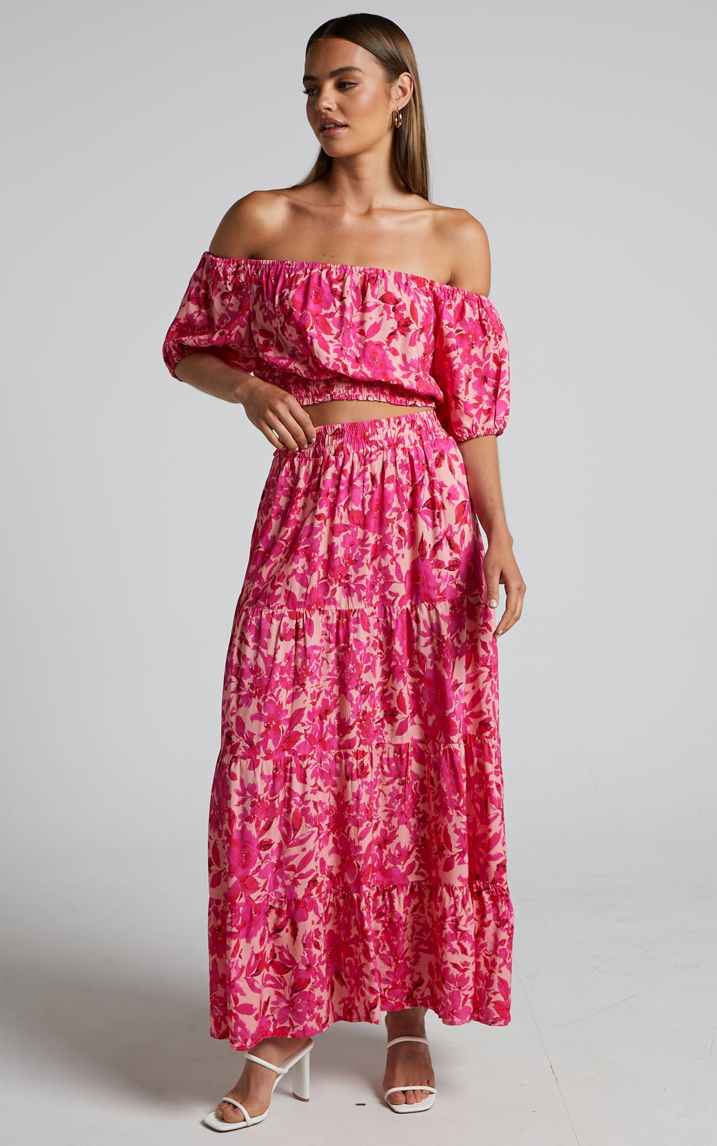Lydia Top - Off Shoulder Puff Sleeve Shirred Top in Pink Floral