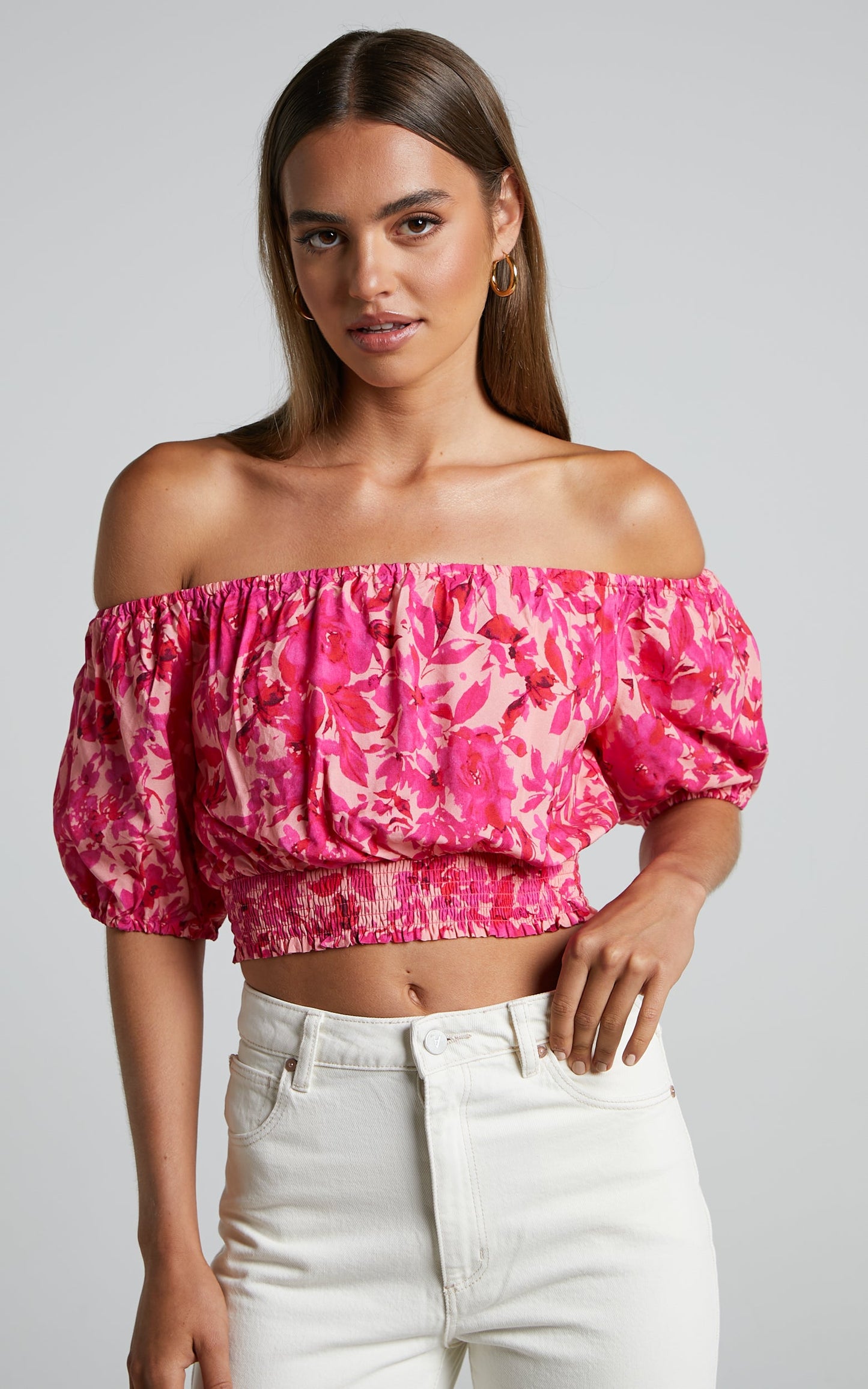 Lydia Top - Off Shoulder Puff Sleeve Shirred Top in Pink Floral