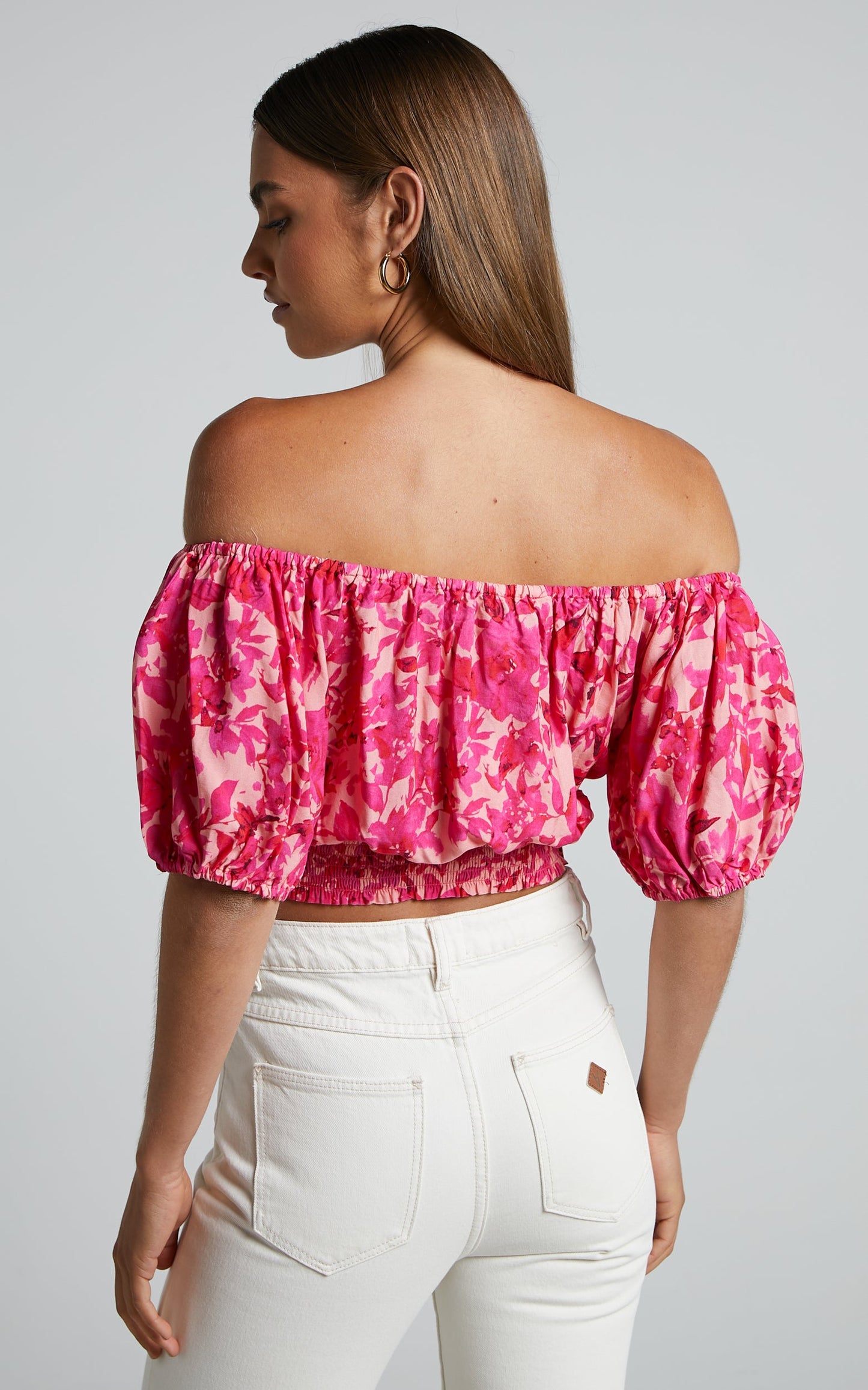 Lydia Top - Off Shoulder Puff Sleeve Shirred Top in Pink Floral