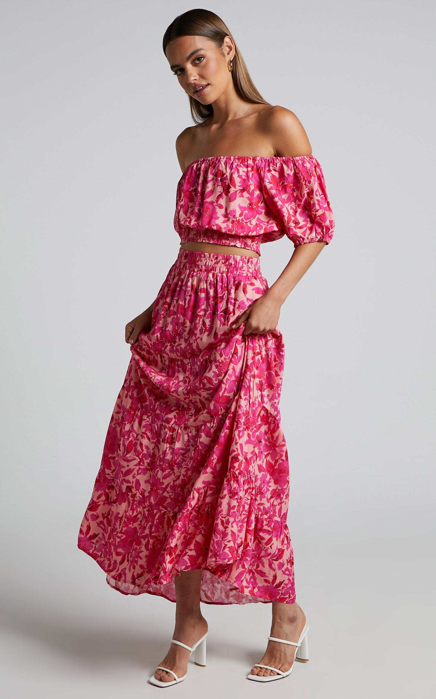 Lydia Skirt - Tiered Maxi Skirt in Pink Floral