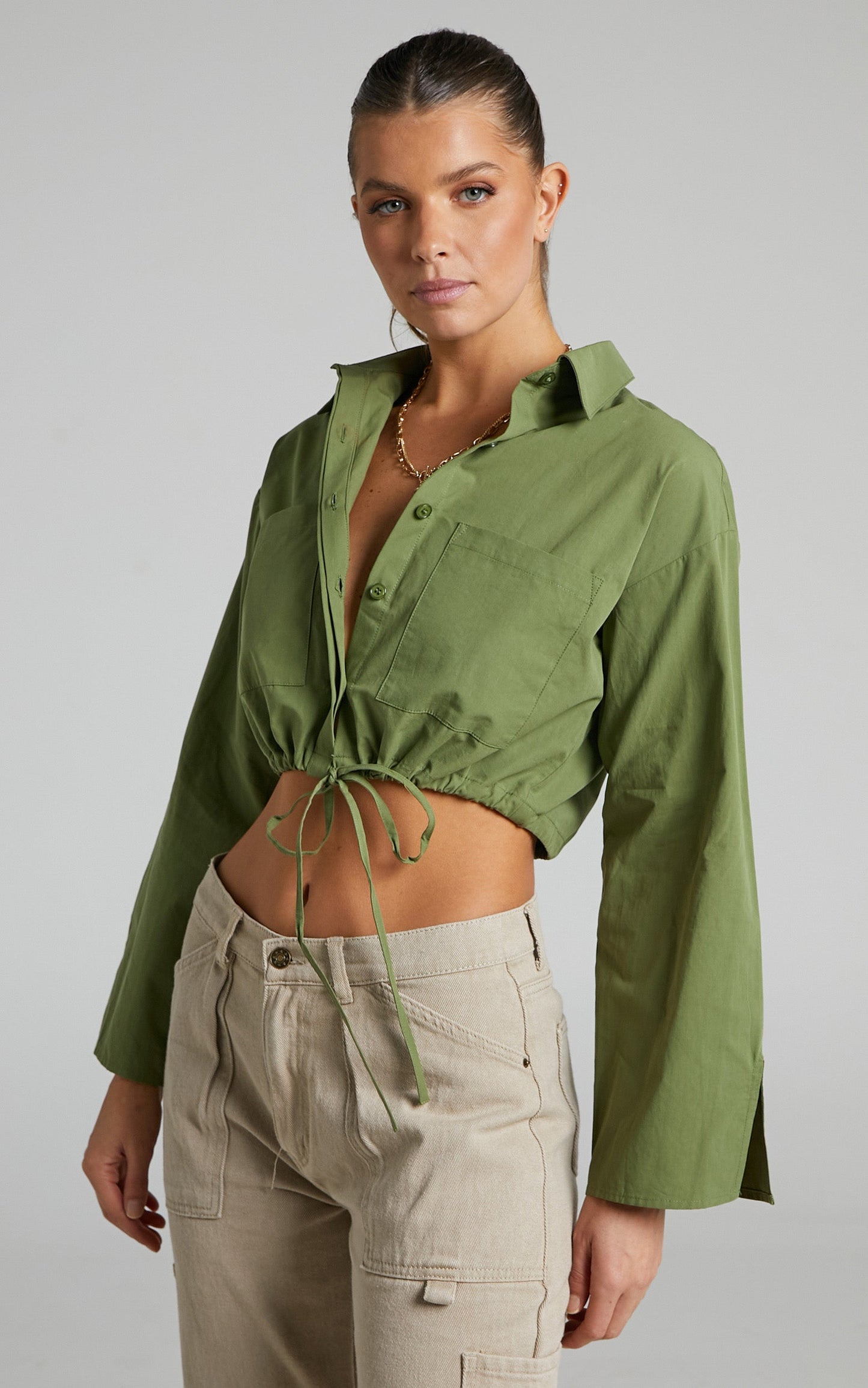 Lynessa Shirt - Long Sleeve Cropped Drawstring Shirt in Khaki