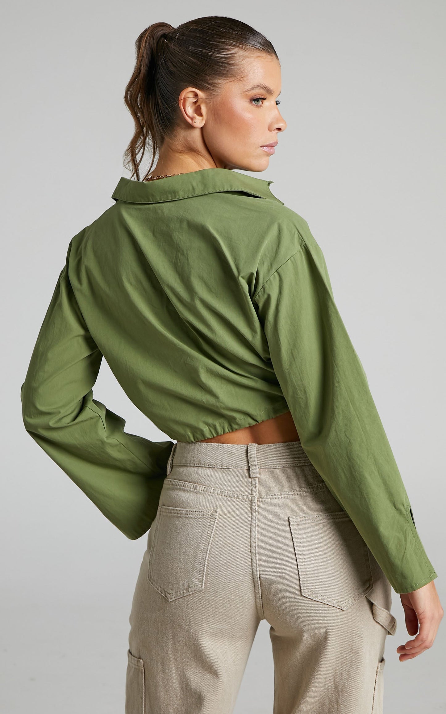 Lynessa Shirt - Long Sleeve Cropped Drawstring Shirt in Khaki