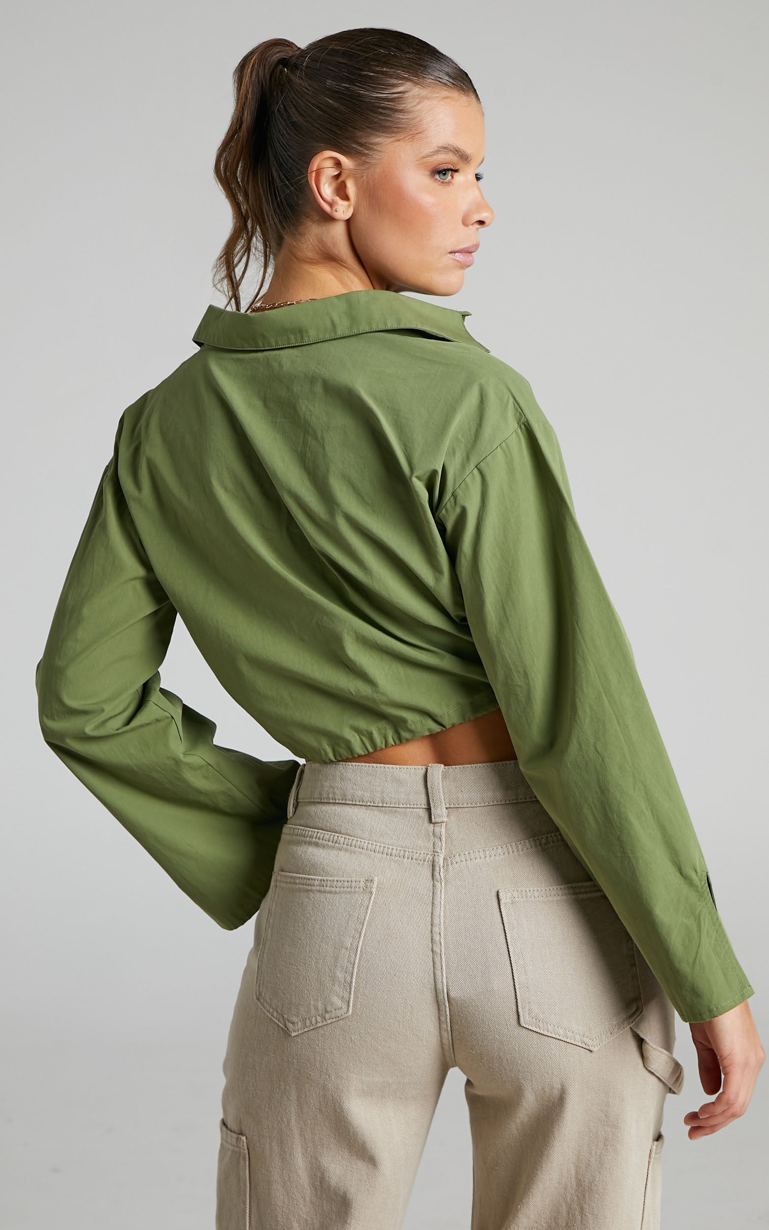 Lynessa Shirt - Long Sleeve Cropped Drawstring Shirt in Khaki
