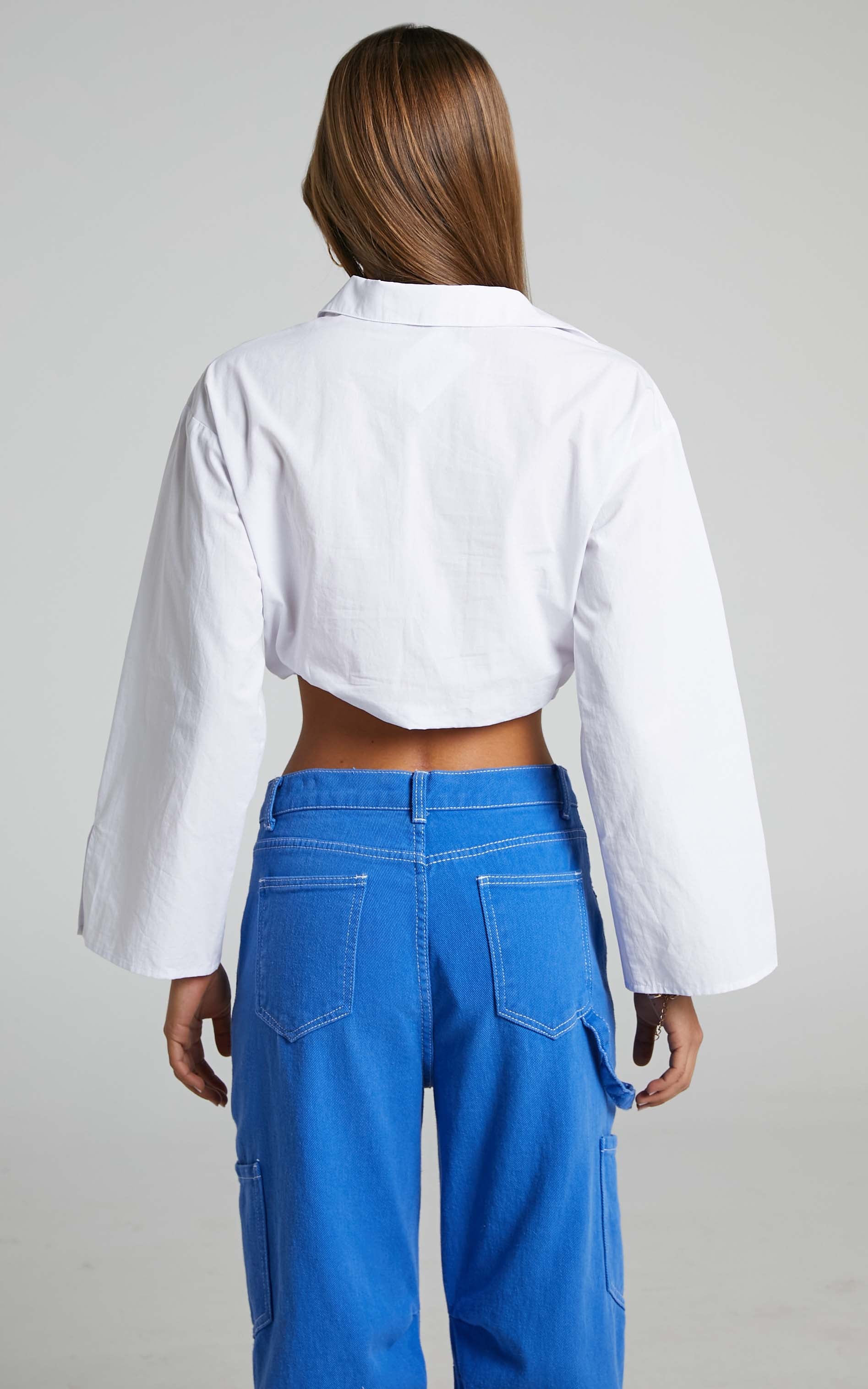 Lynessa Shirt - Long Sleeve Cropped Drawstring Shirt in White