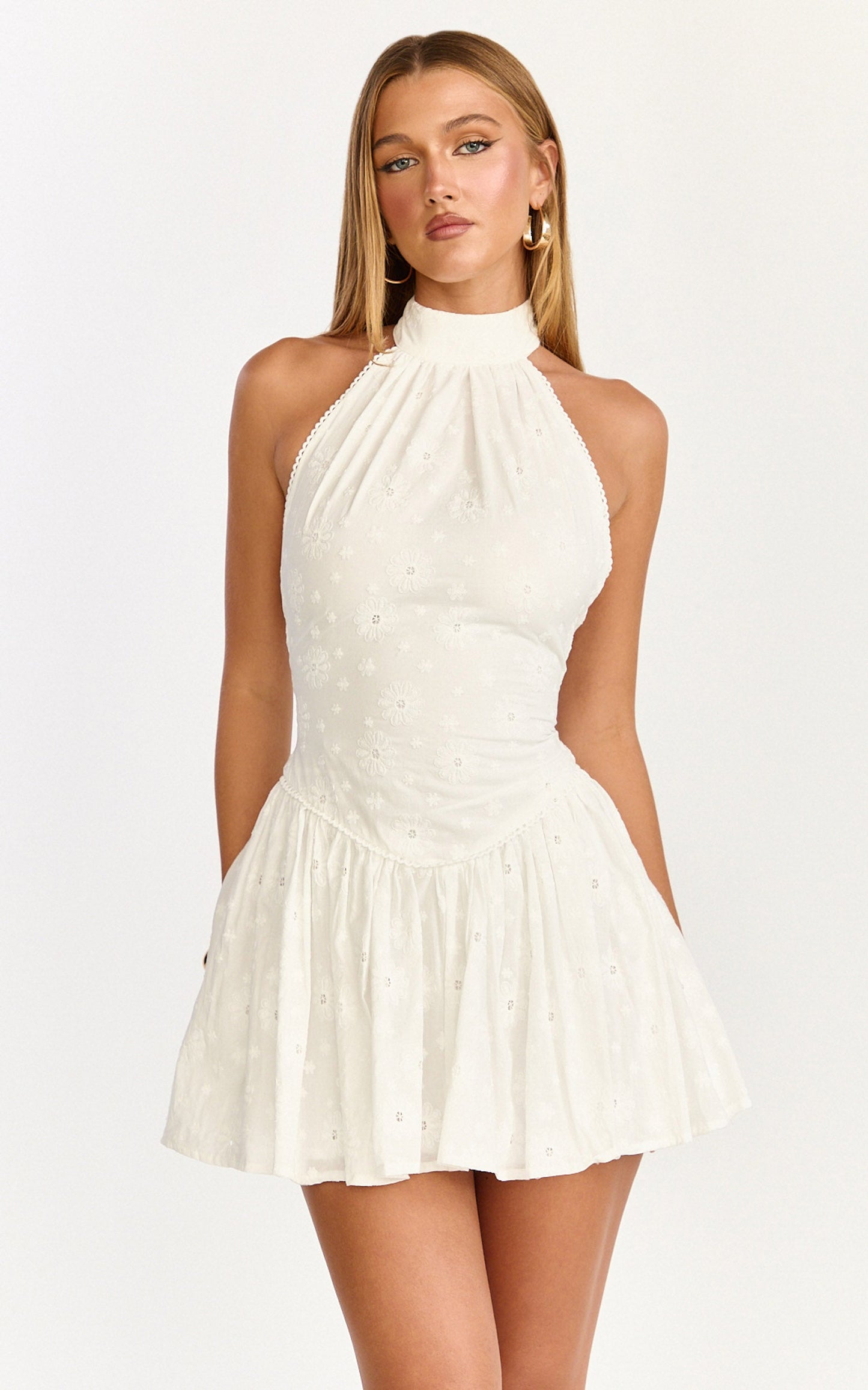 Lyra Mini Dress - Broderie Halter Neck Tie Drop V Waist Dress in White