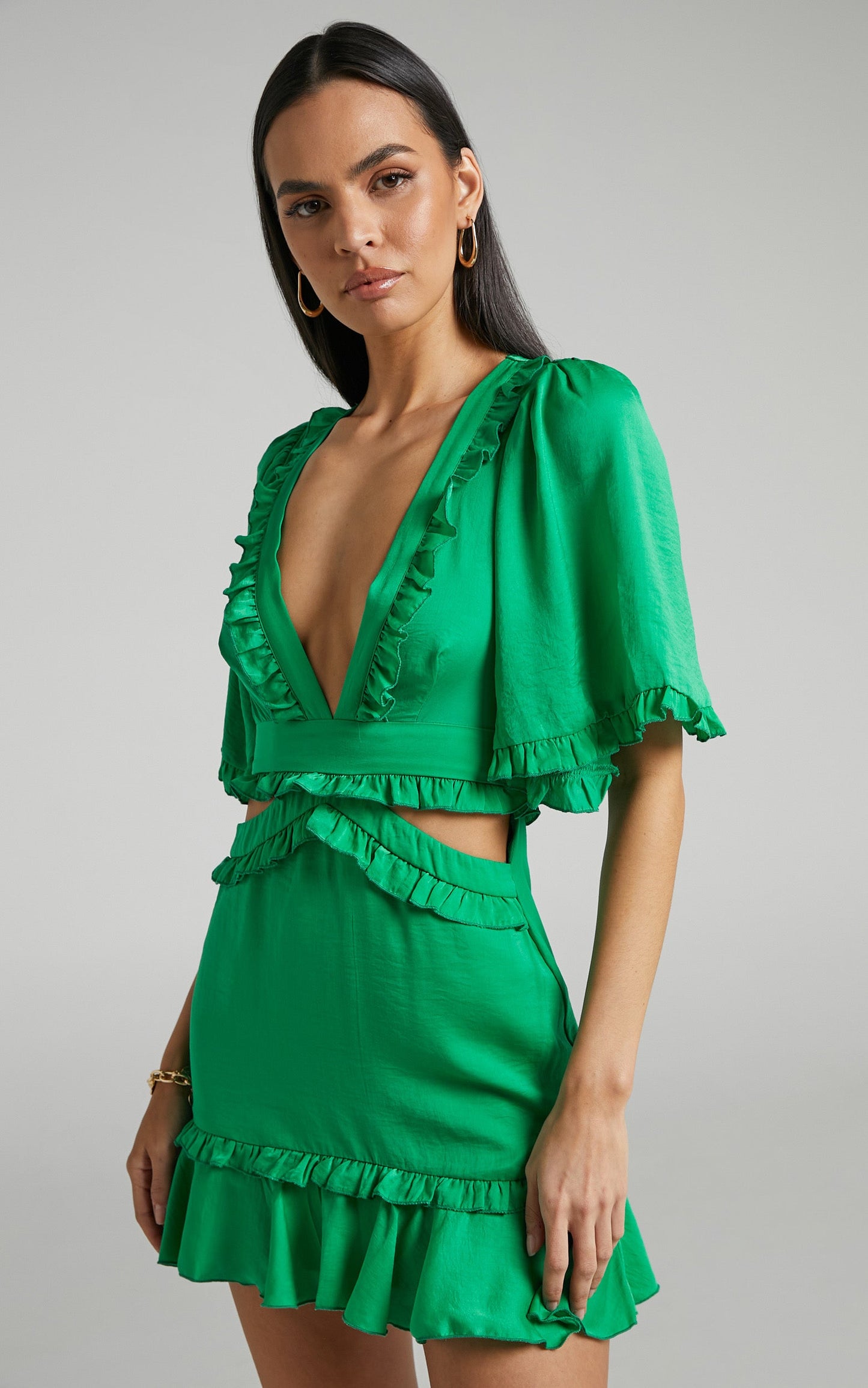 Maricris Mini Dress - Open Back Bell Sleeve Frill Dress in Green