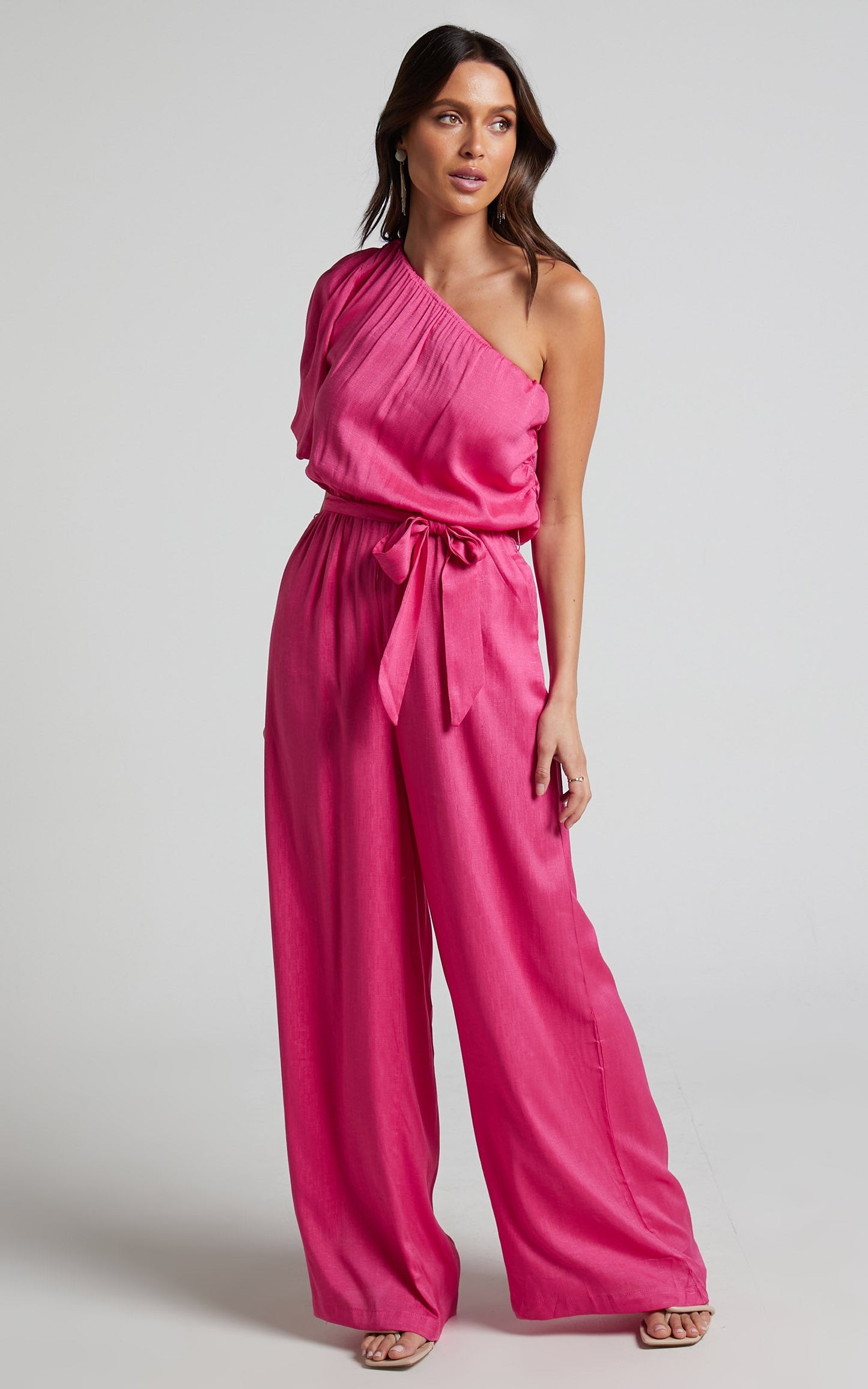 Marielle Jumpsuit - One Shoulder Puff Sleeve Wide Leg Jumpsuit in Pink