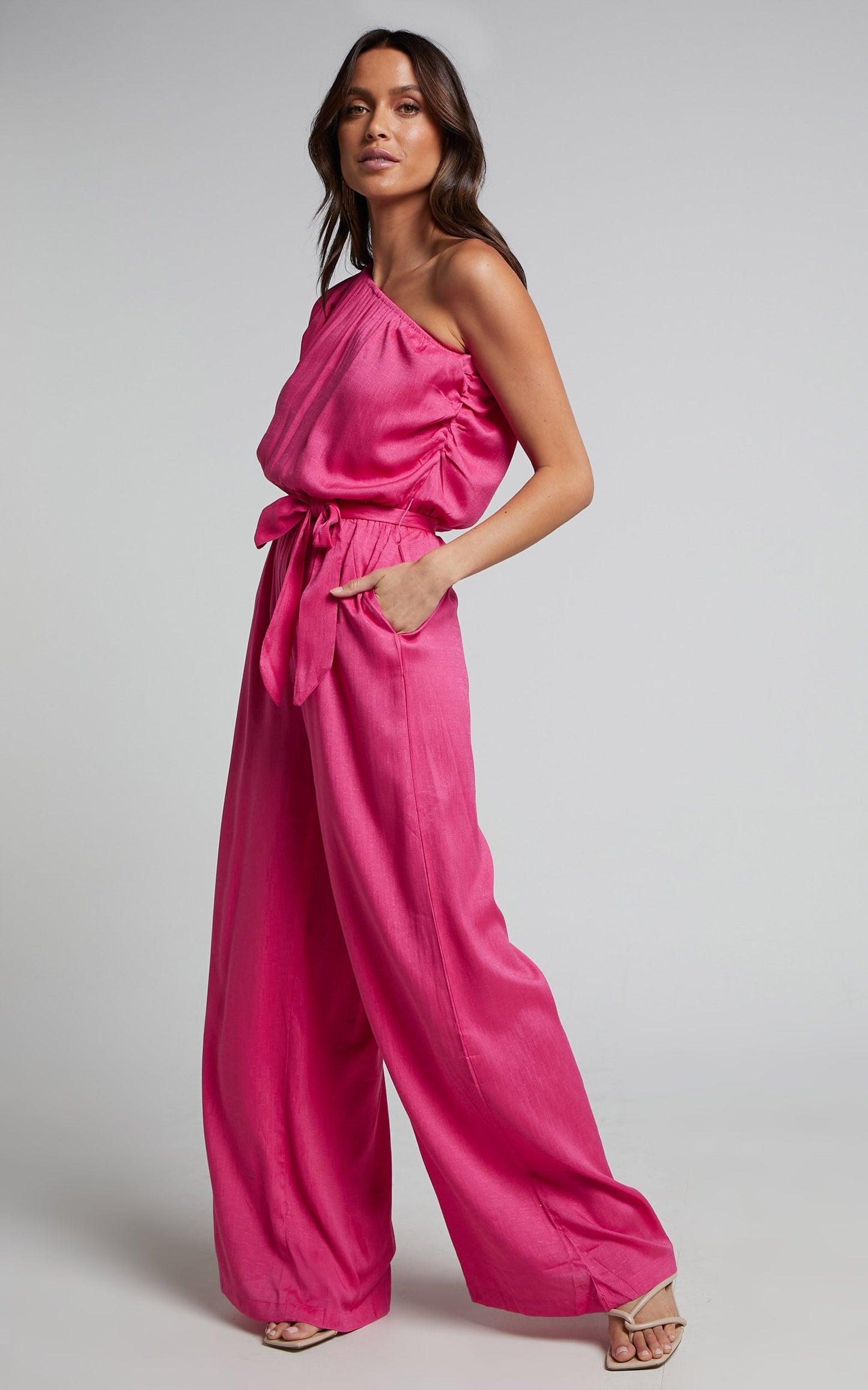 Marielle Jumpsuit - One Shoulder Puff Sleeve Wide Leg Jumpsuit in Pink