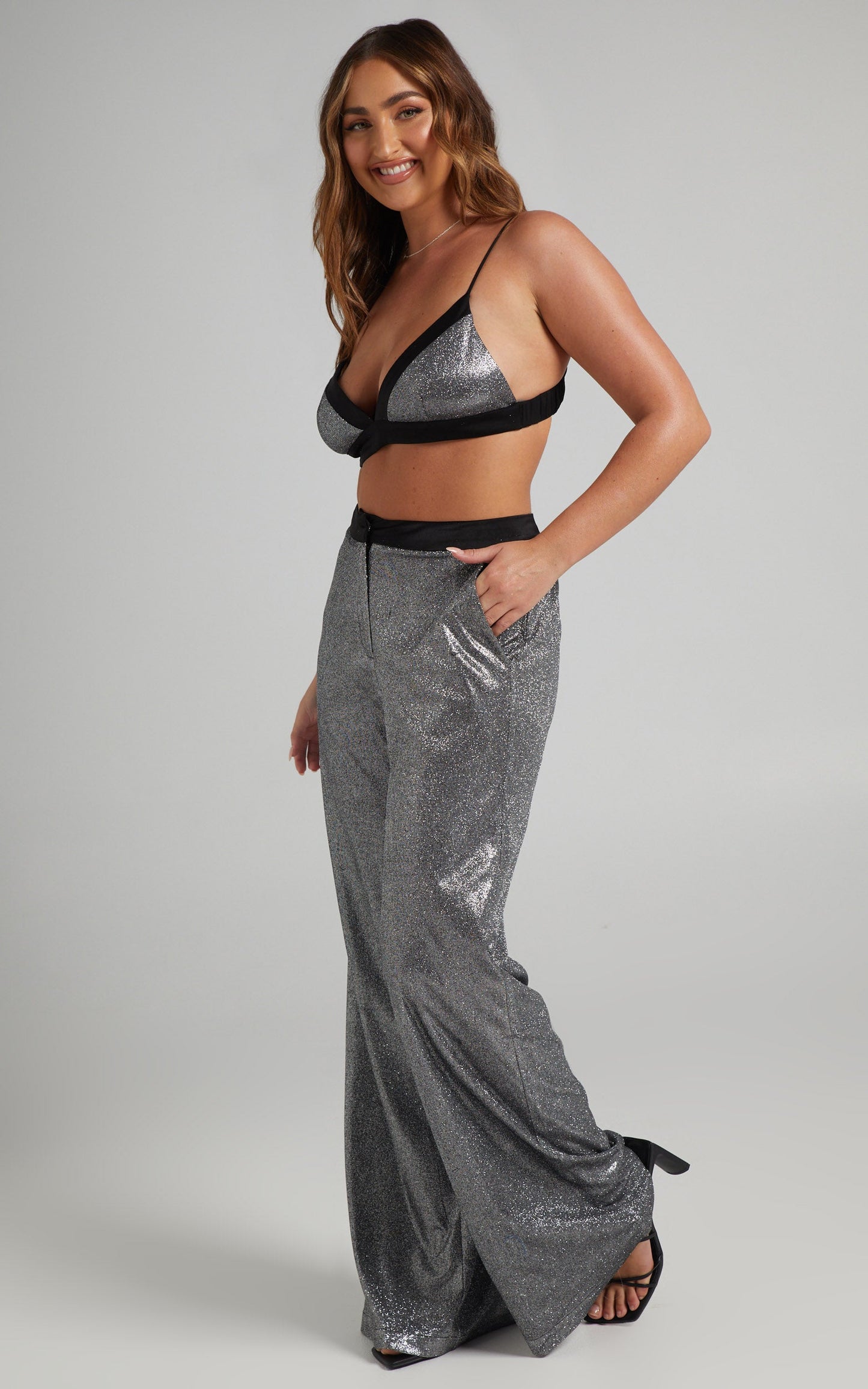 Sharleez Pants - Glitter High Waisted Tailored Wide Leg Pants in Metallic