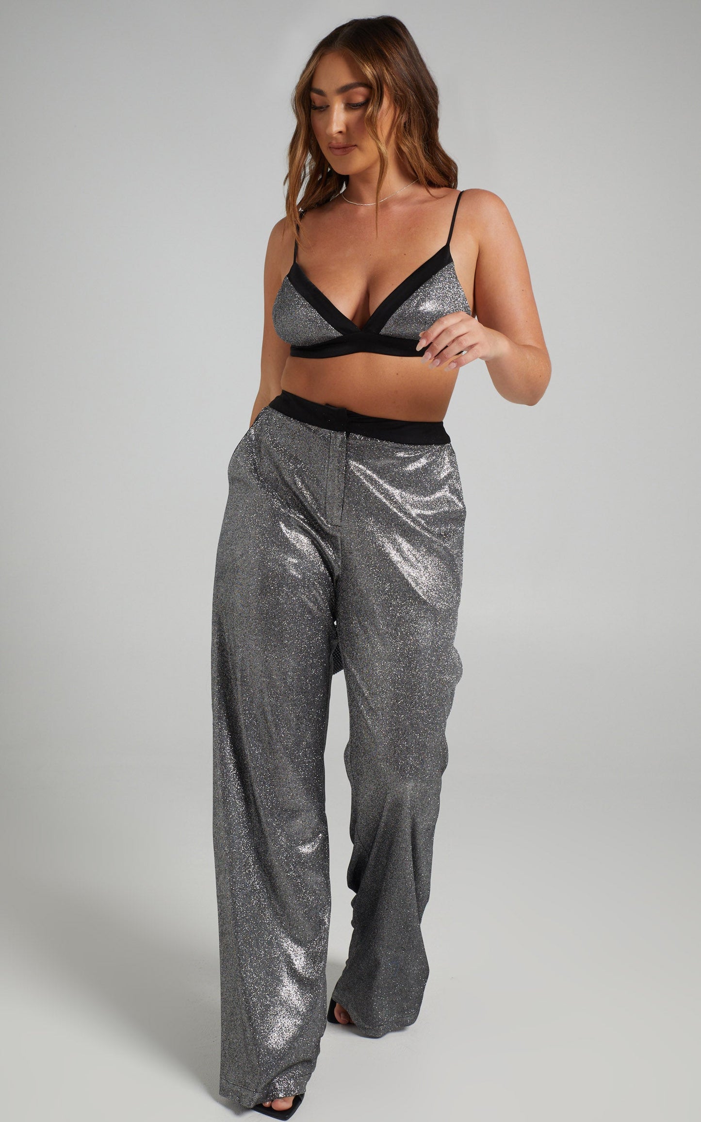 Sharleez Pants - Glitter High Waisted Tailored Wide Leg Pants in Metallic