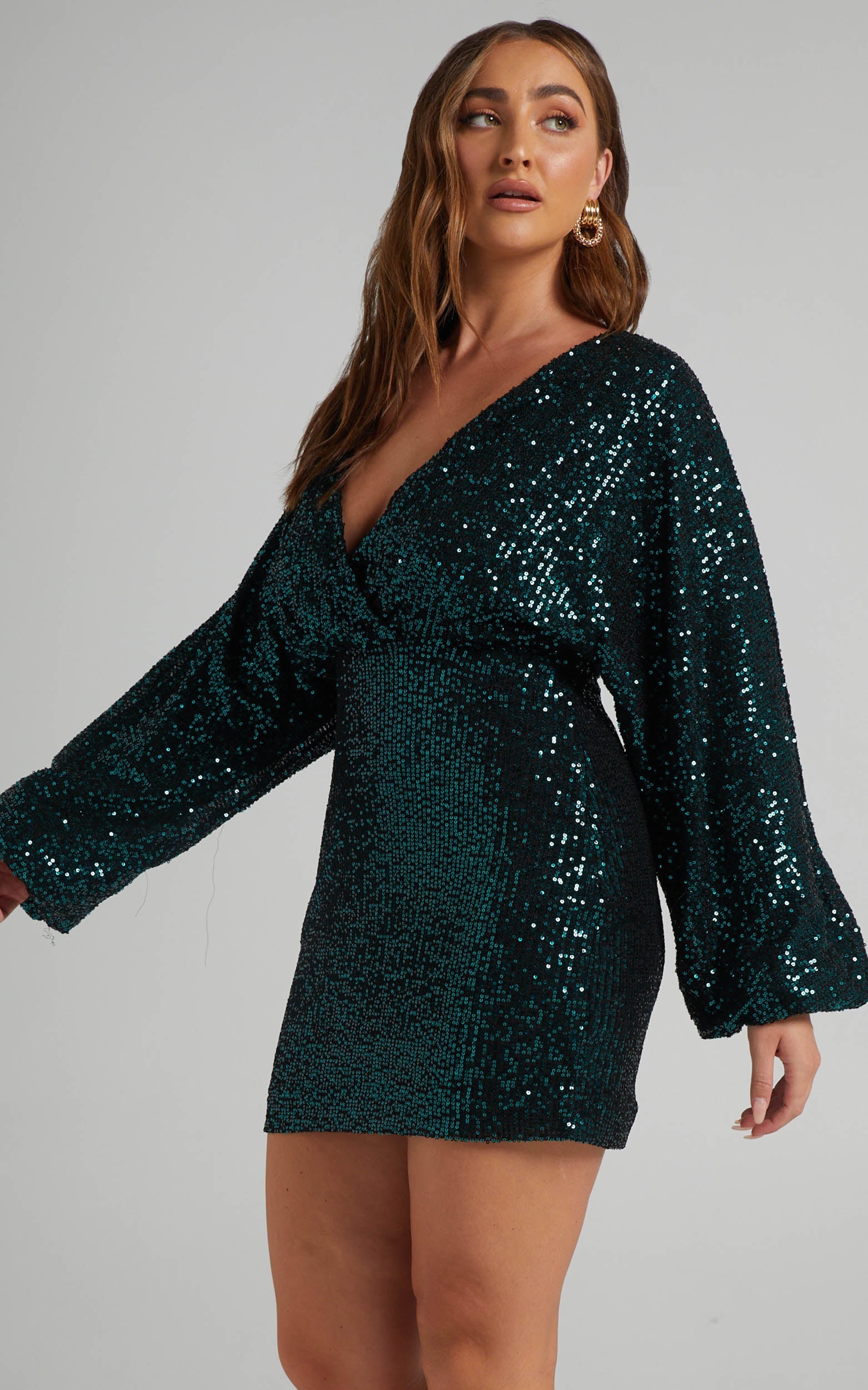 Erine Mini Dress - Long Sleeve Sequin Dress in Teal