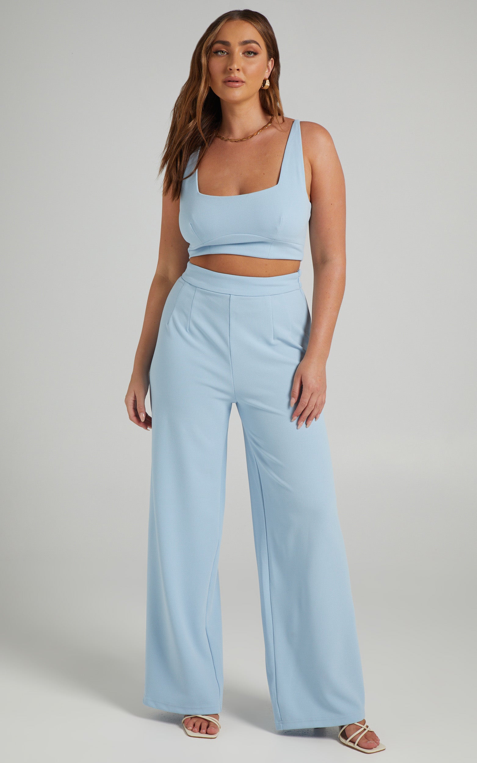 Elibeth Two Piece Set - Crop Top and High Waisted Wide Leg Pants Set in Cornflower Blue