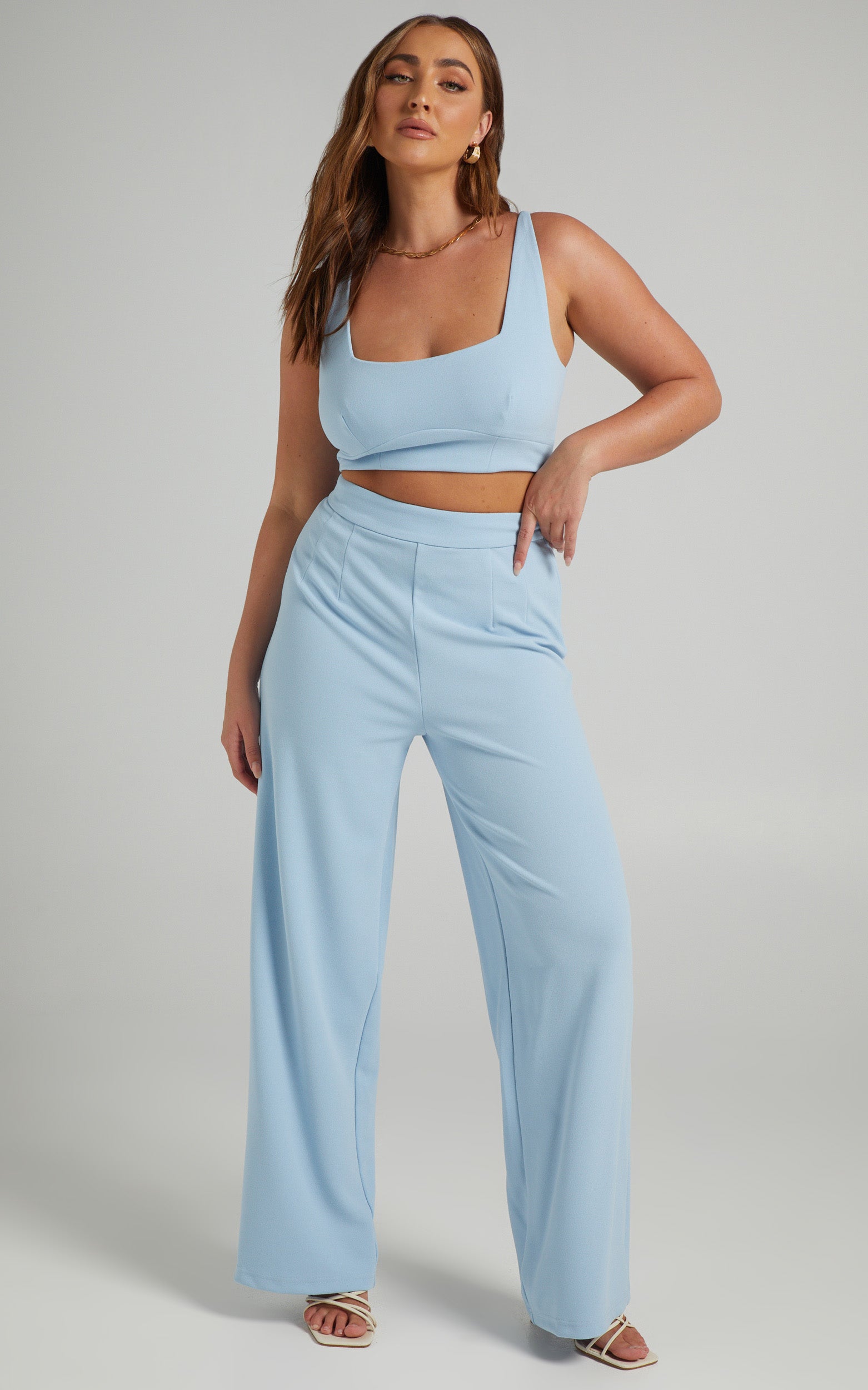 Elibeth Two Piece Set - Crop Top and High Waisted Wide Leg Pants Set in Cornflower Blue
