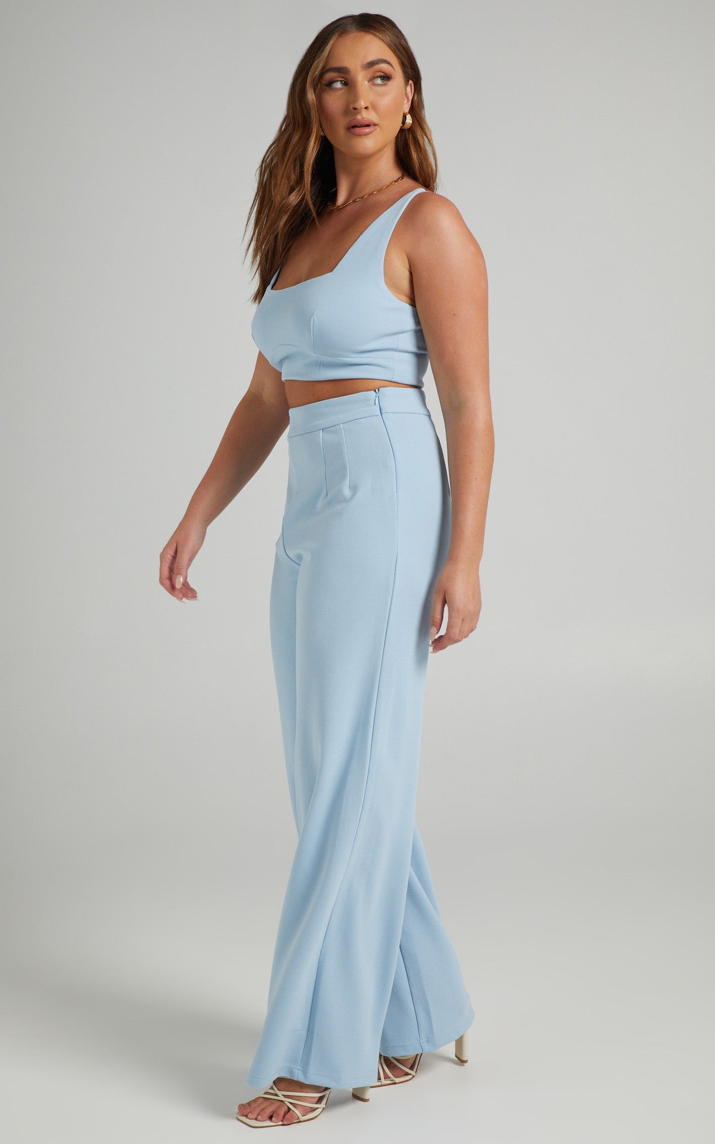 Elibeth Two Piece Set - Crop Top and High Waisted Wide Leg Pants Set in Cornflower Blue
