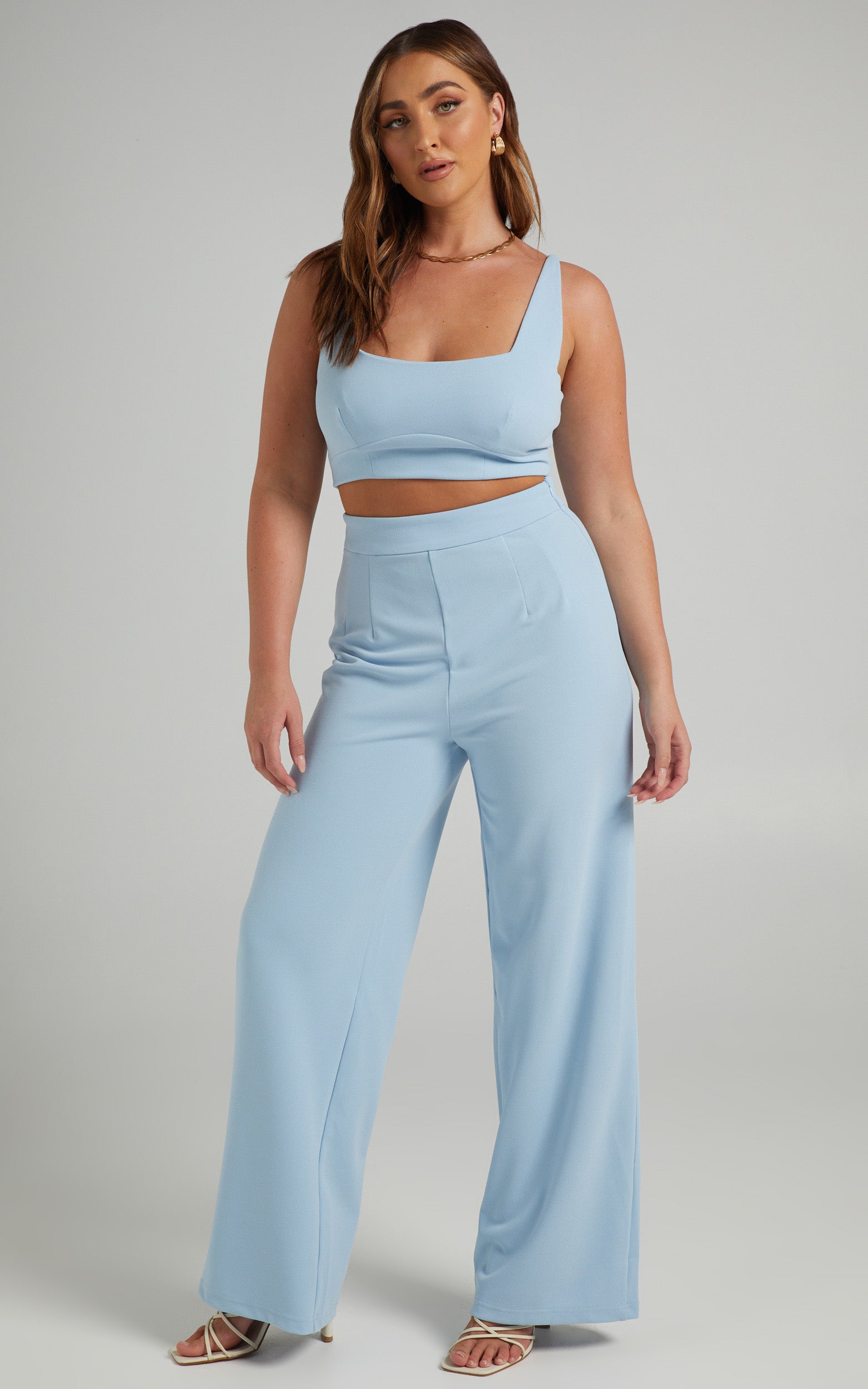 Elibeth Two Piece Set - Crop Top and High Waisted Wide Leg Pants Set in Cornflower Blue