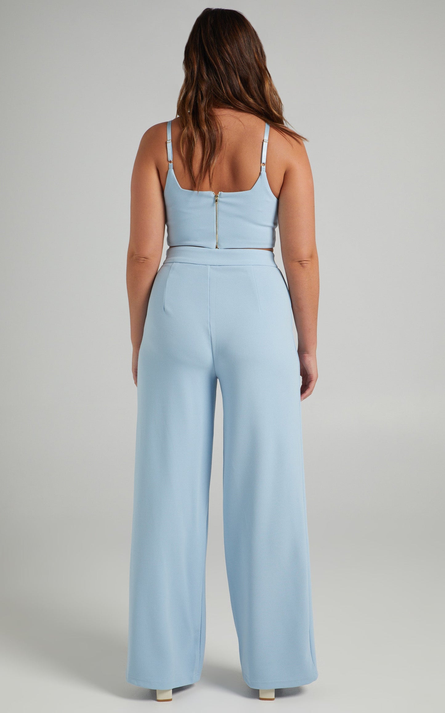 Elibeth Two Piece Set - Crop Top and High Waisted Wide Leg Pants Set in Cornflower Blue
