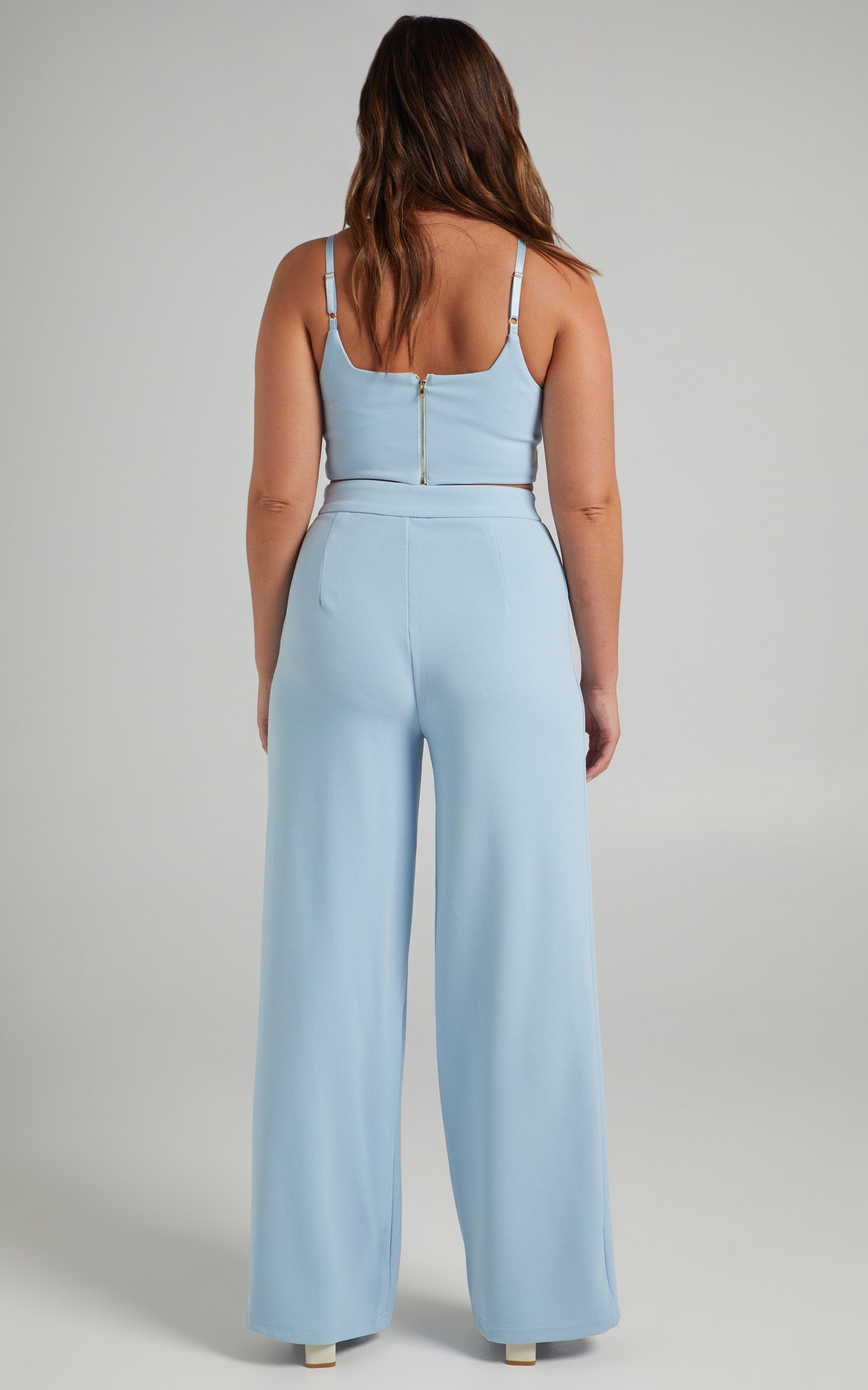 Elibeth Two Piece Set - Crop Top and High Waisted Wide Leg Pants Set in Cornflower Blue