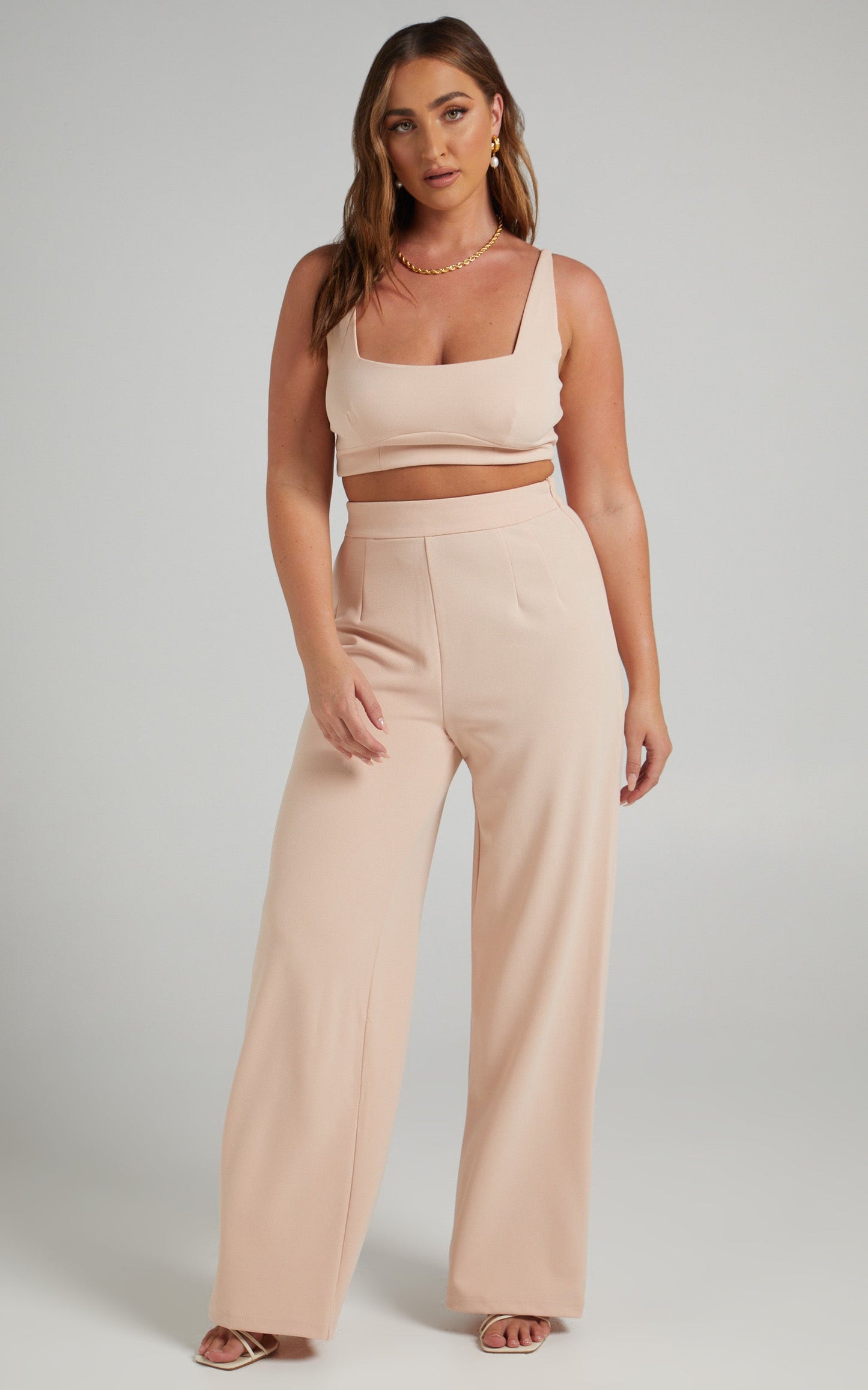 Elibeth Two Piece Set - Crop Top and High Waisted Wide Leg Pants Set in Beige