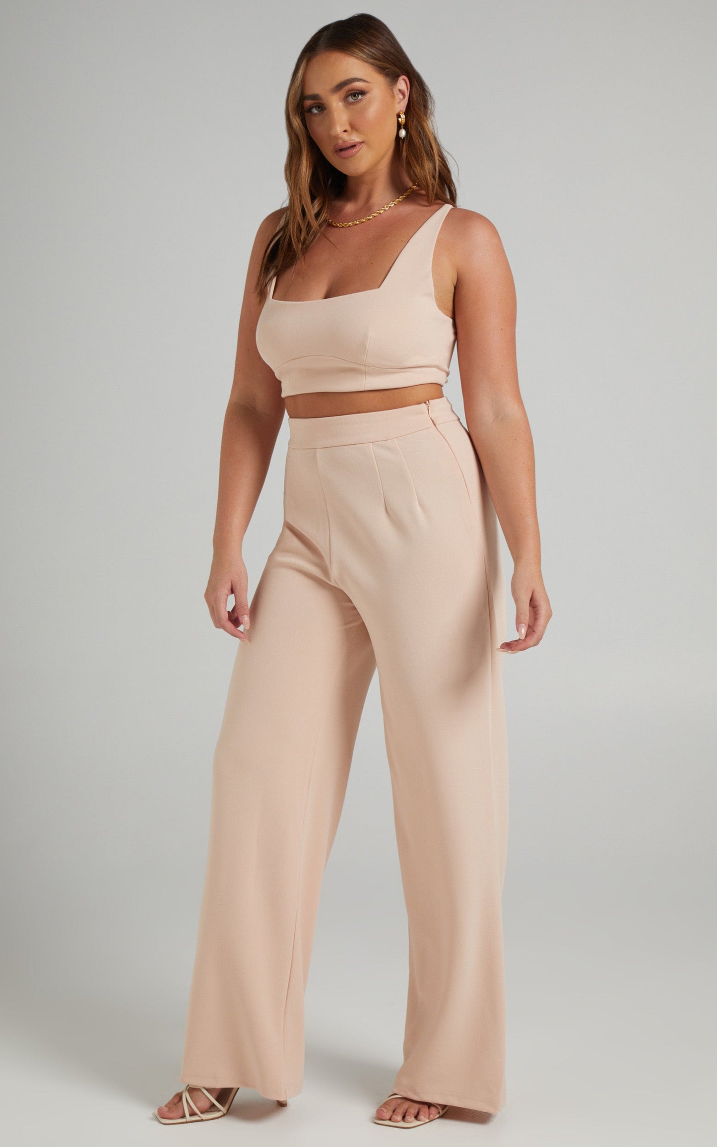 Elibeth Two Piece Set - Crop Top and High Waisted Wide Leg Pants Set in Beige