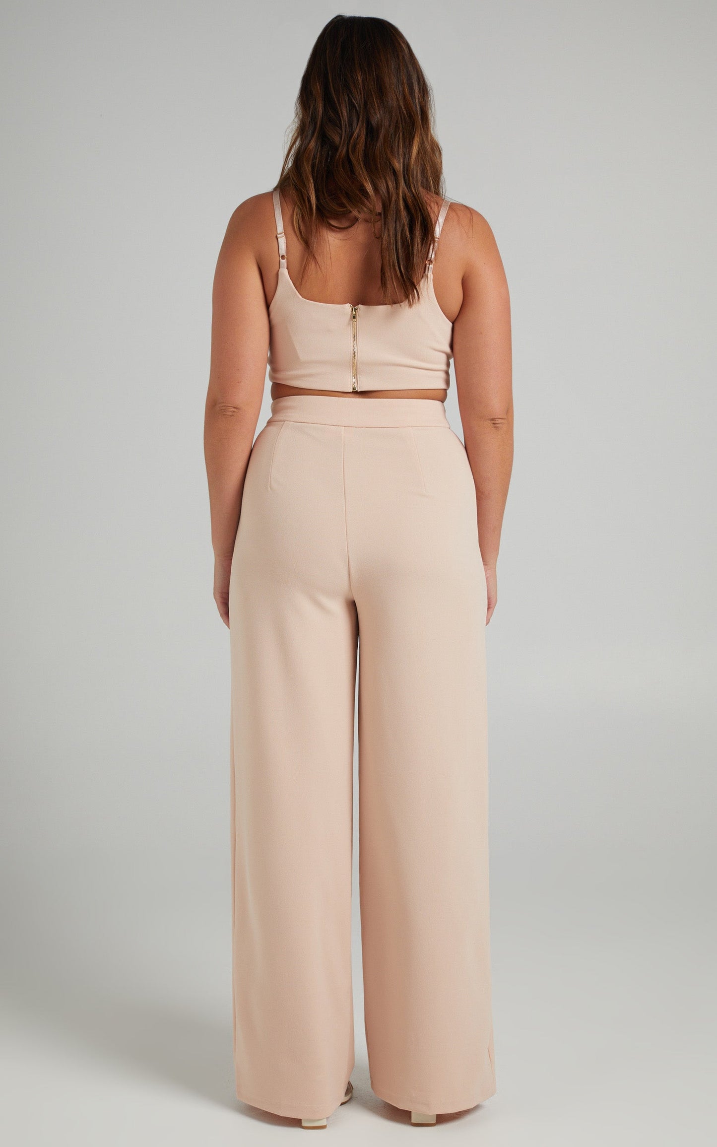 Elibeth Two Piece Set - Crop Top and High Waisted Wide Leg Pants Set in Beige