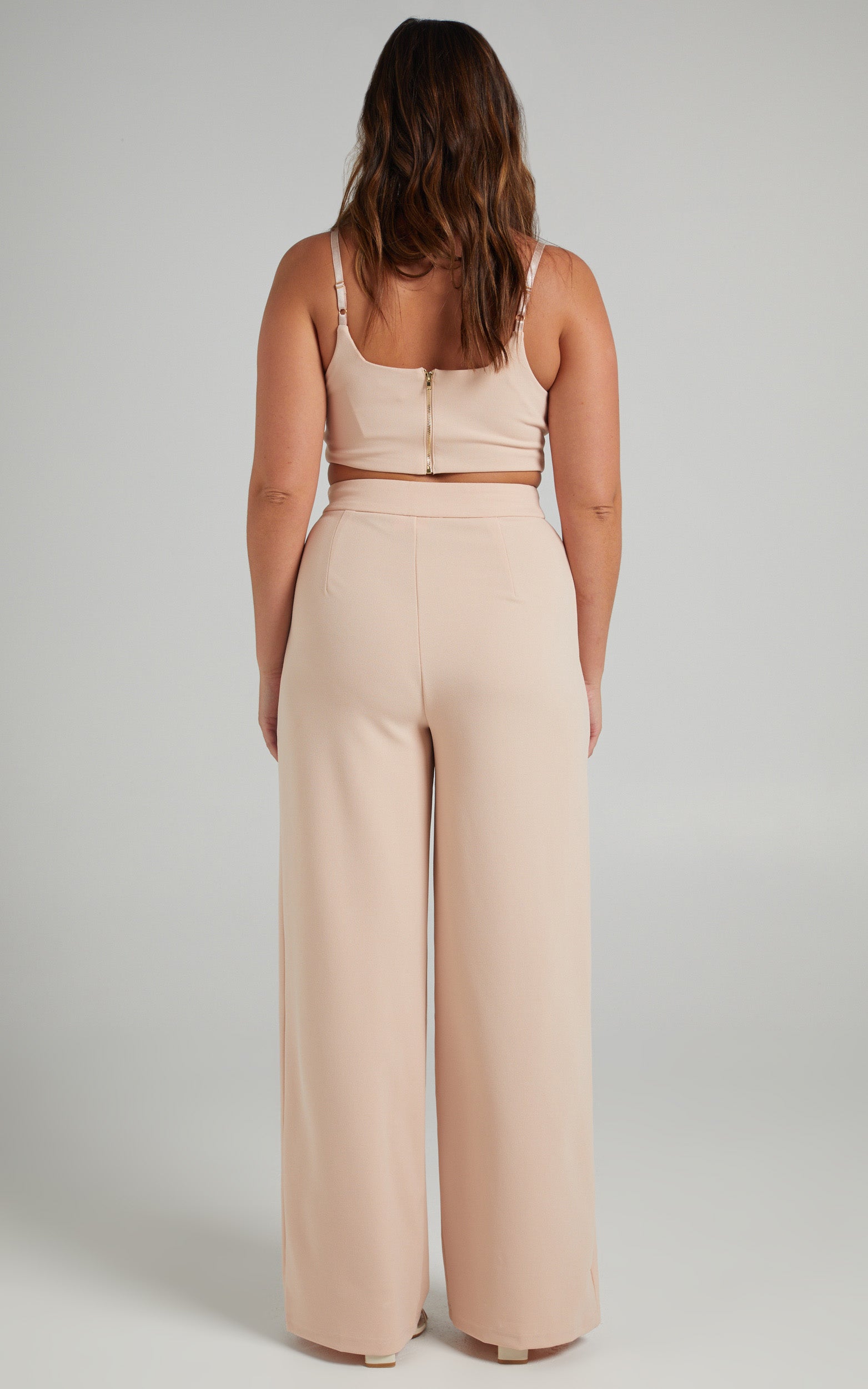 Elibeth Two Piece Set - Crop Top and High Waisted Wide Leg Pants Set in Beige