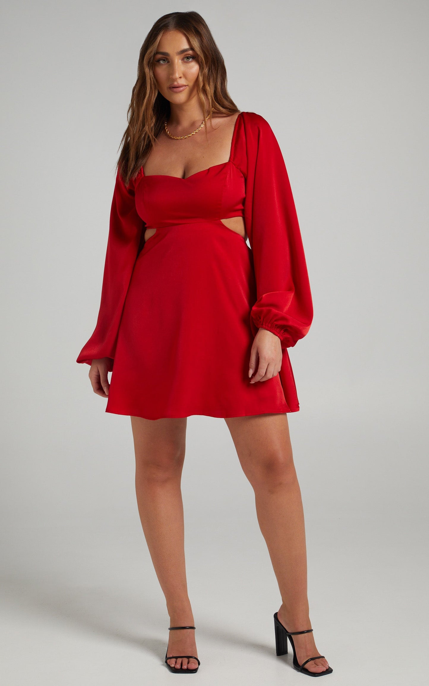 Dolci Mini Dress - Cut Out Long Sleeve Dress in Red