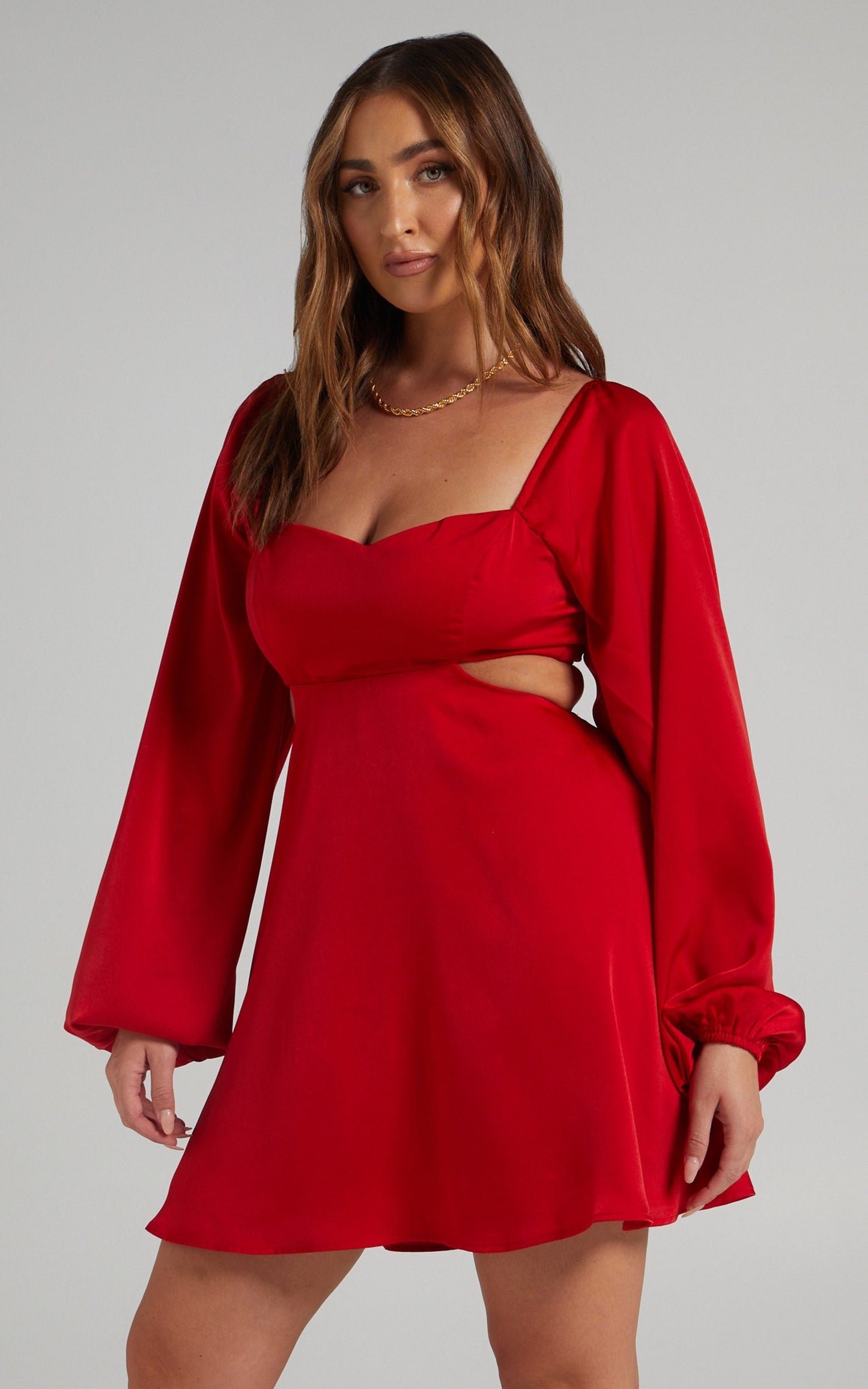 Dolci Mini Dress - Cut Out Long Sleeve Dress in Red