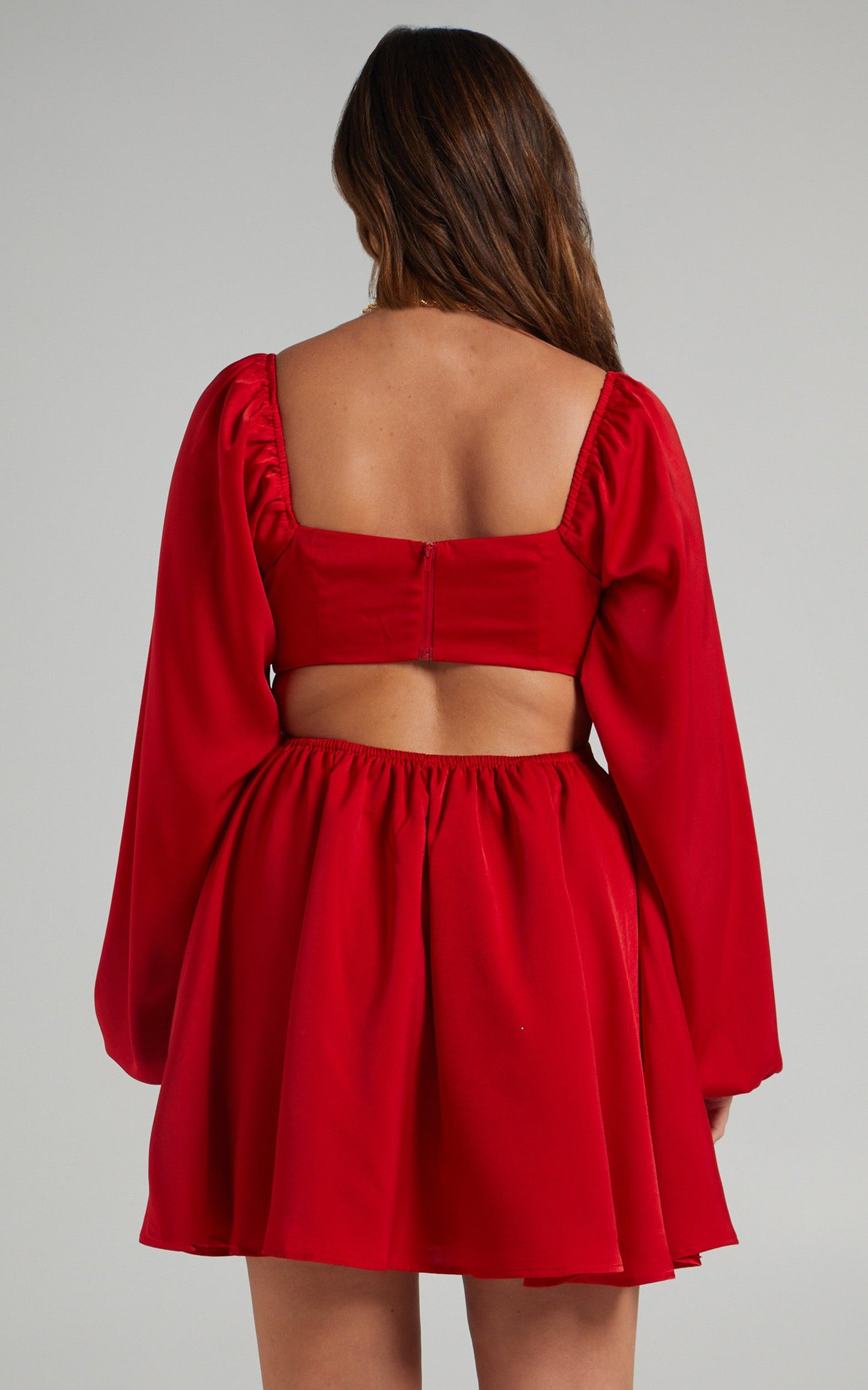 Dolci Mini Dress - Cut Out Long Sleeve Dress in Red