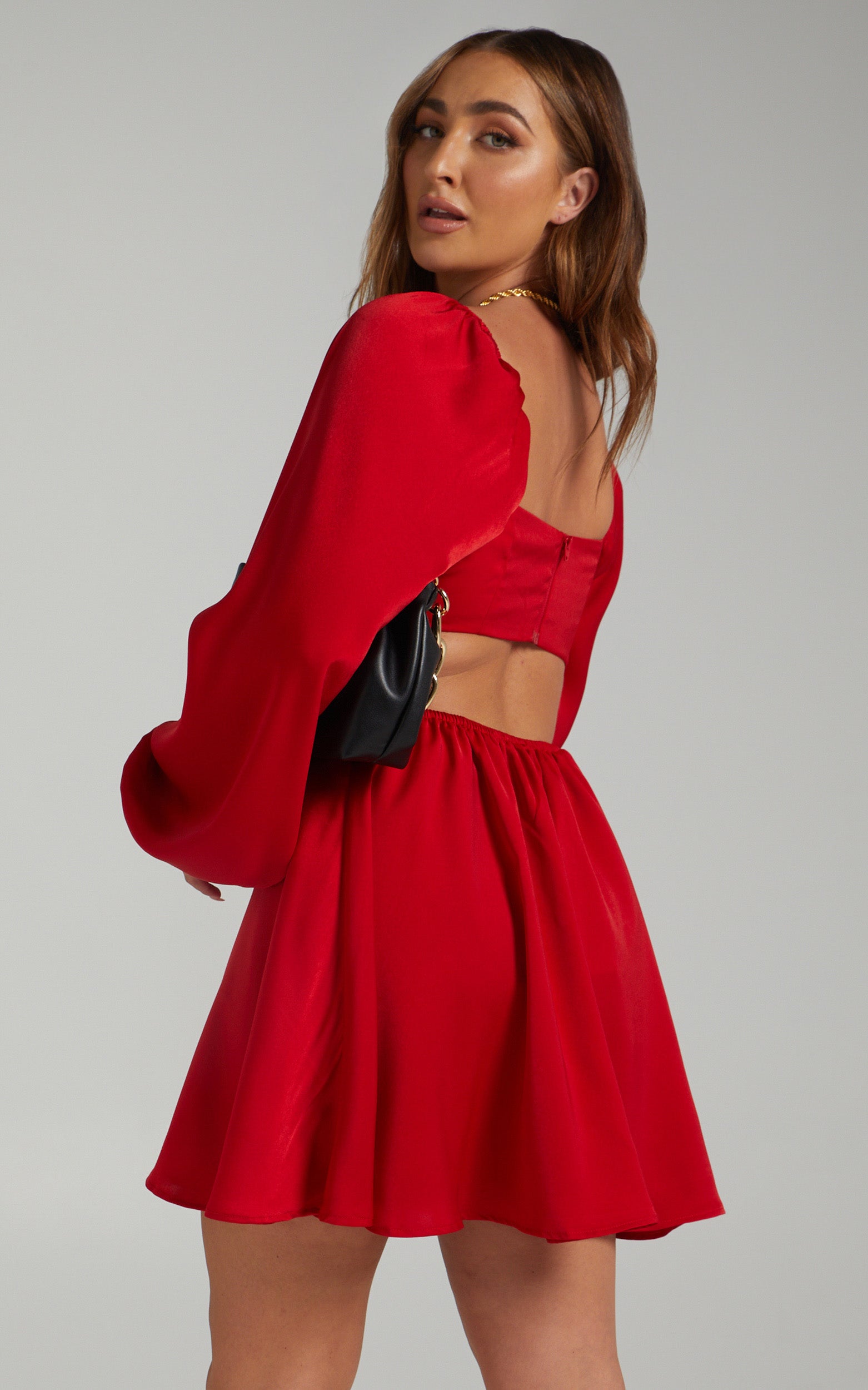 Dolci Mini Dress - Cut Out Long Sleeve Dress in Red