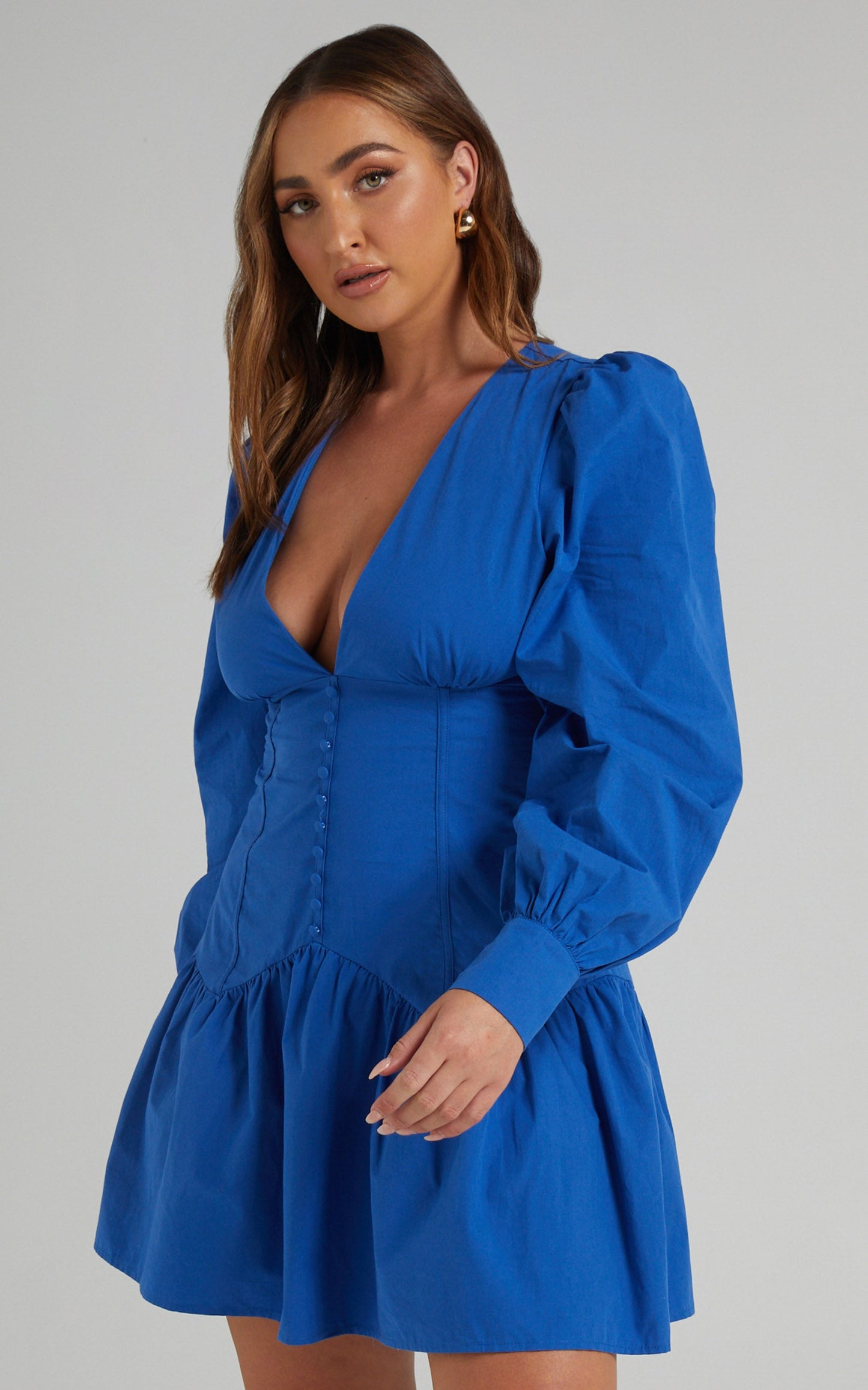 Carlyle Mini Dress - Long Sleeve Corset Dress in Bright Blue
