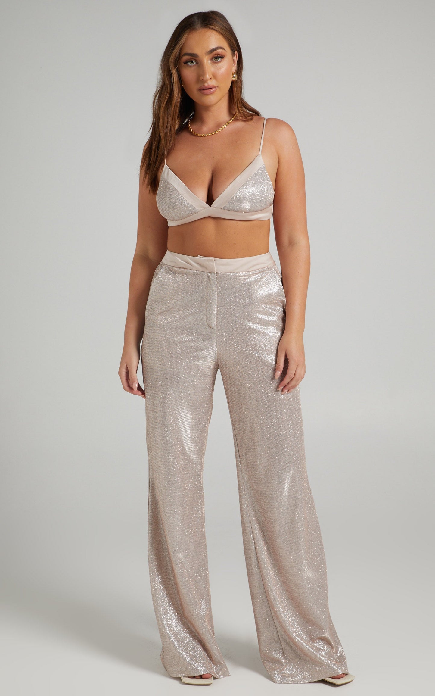 Sharleez Pants - Glitter High Waisted Tailored Wide Leg Pants in Rose Gold