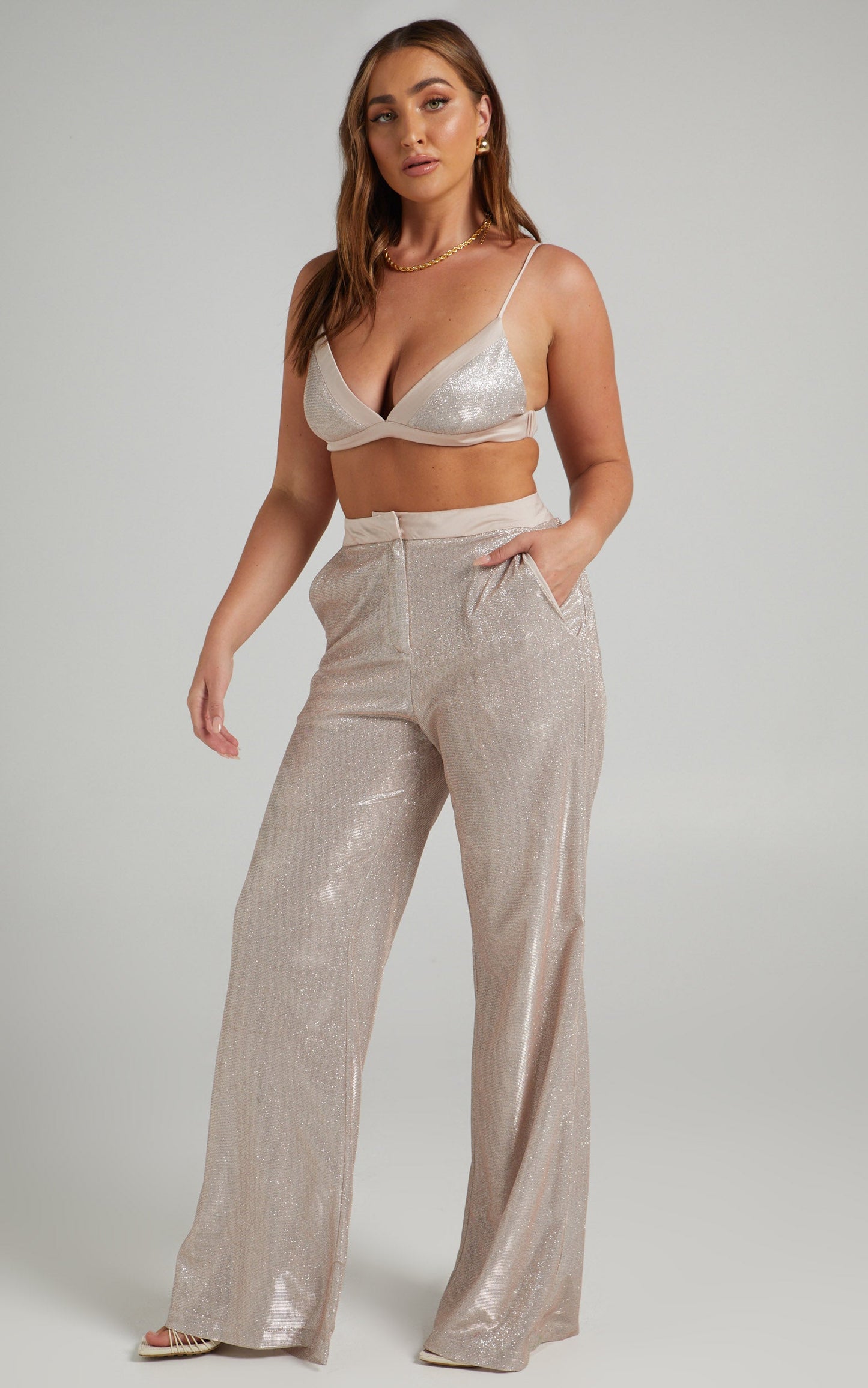 Sharleez Pants - Glitter High Waisted Tailored Wide Leg Pants in Rose Gold