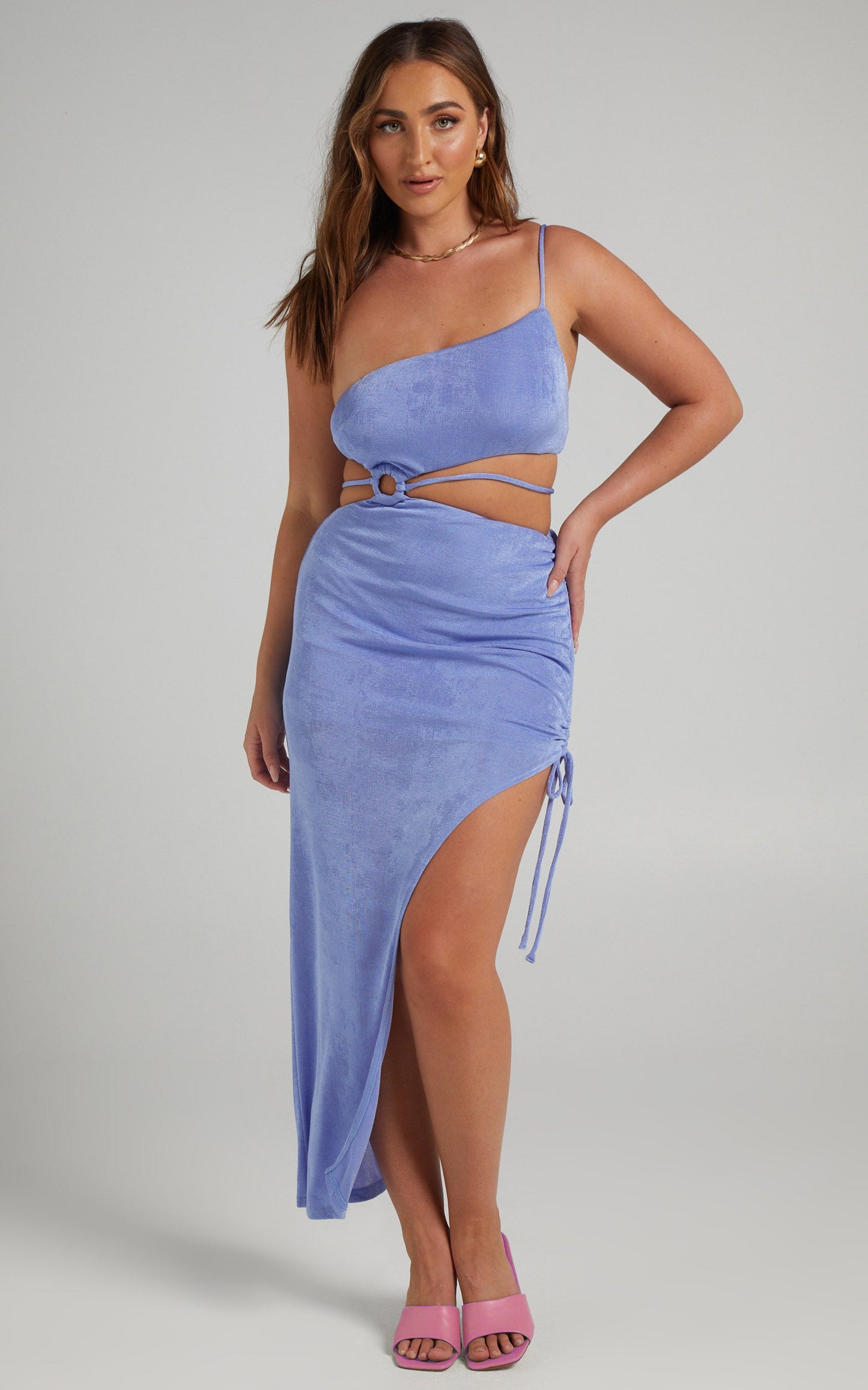 Honeybee Cut Out One Shoulder Asymmetric Hem Midi Dress in Blue