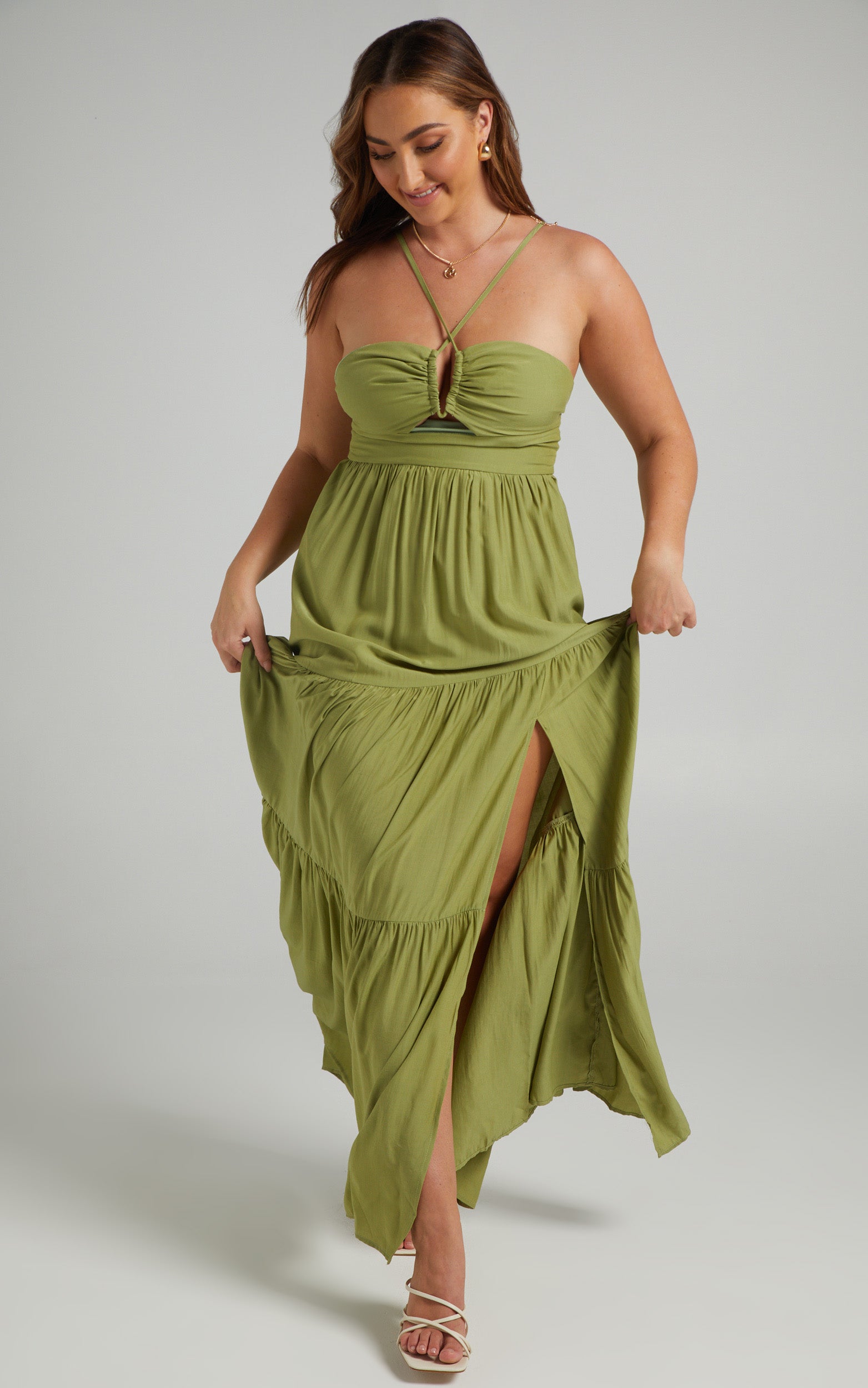 Carmelle Halter Cut Out Tiered Maxi Dress in Sage