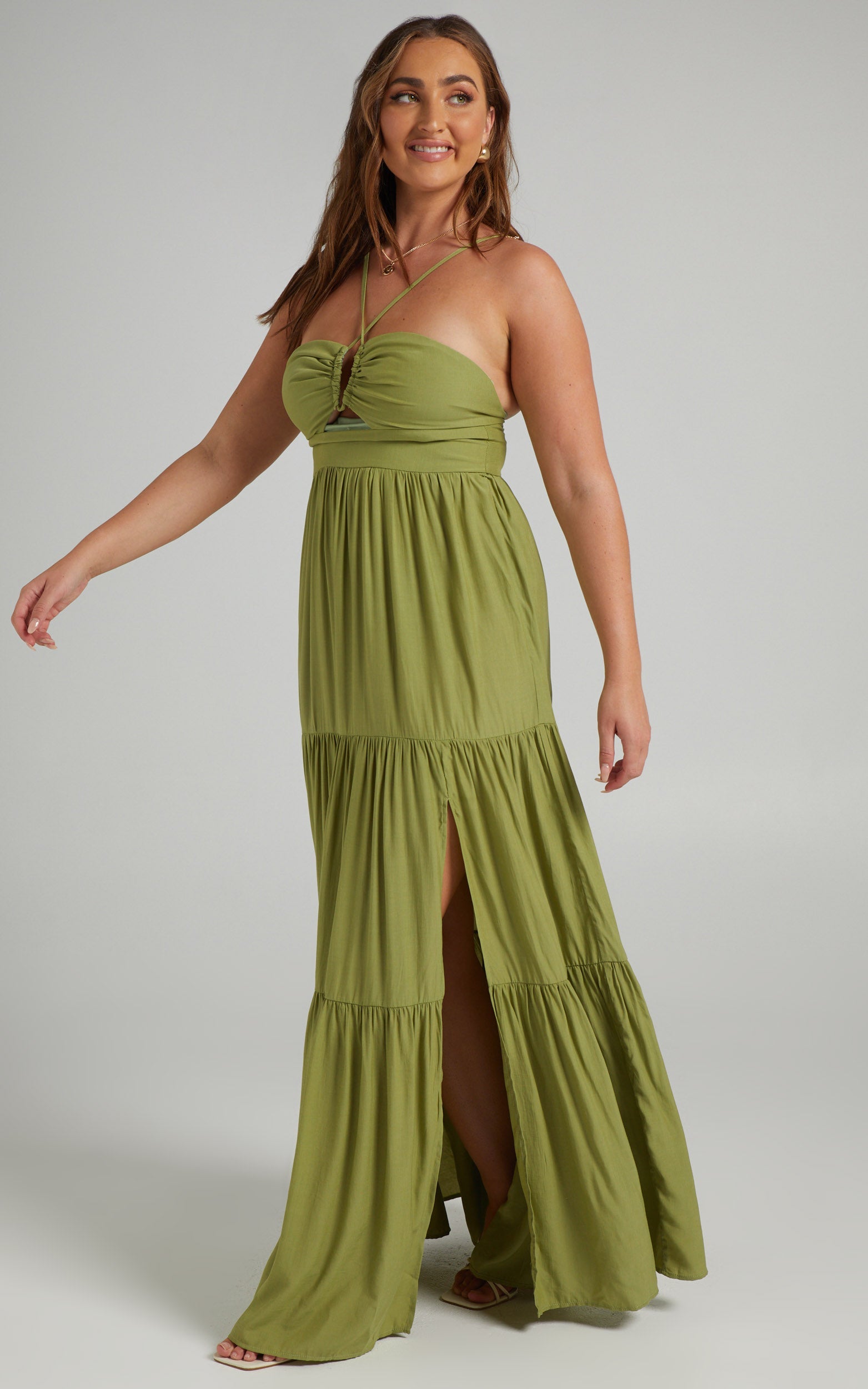 Carmelle Halter Cut Out Tiered Maxi Dress in Sage