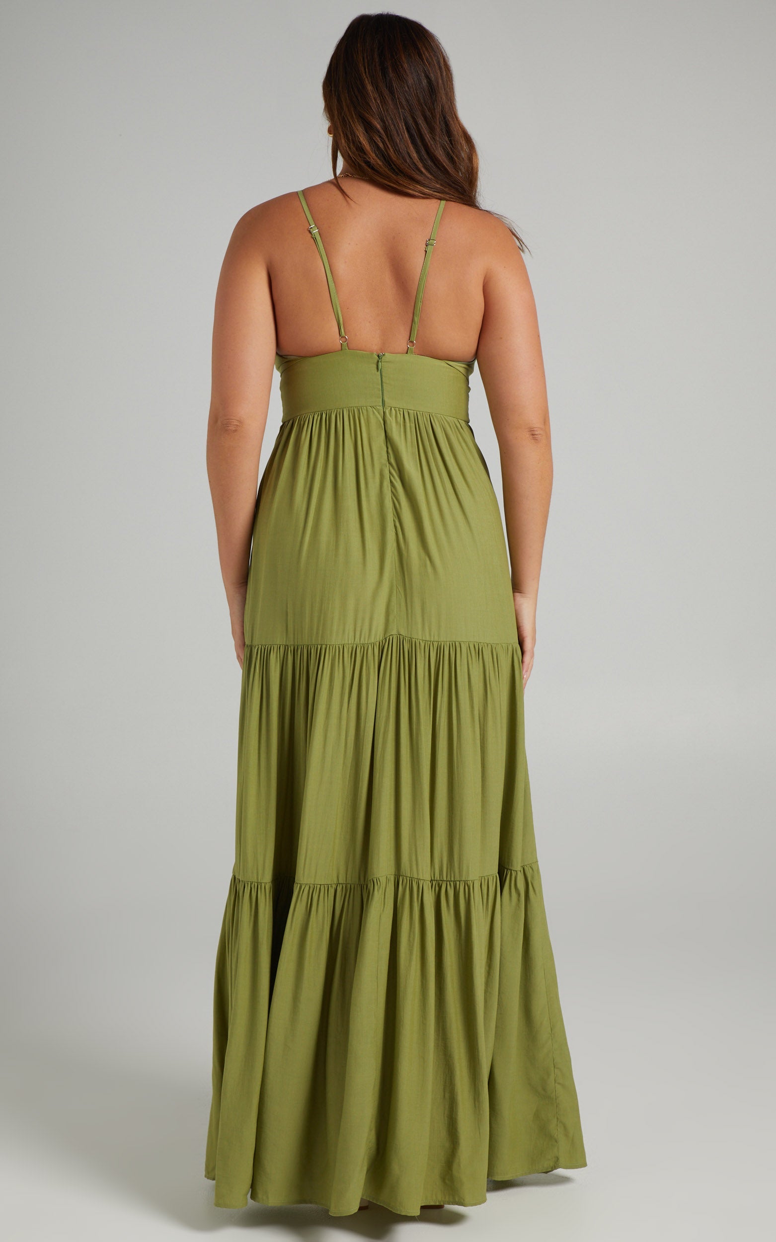 Carmelle Halter Cut Out Tiered Maxi Dress in Sage