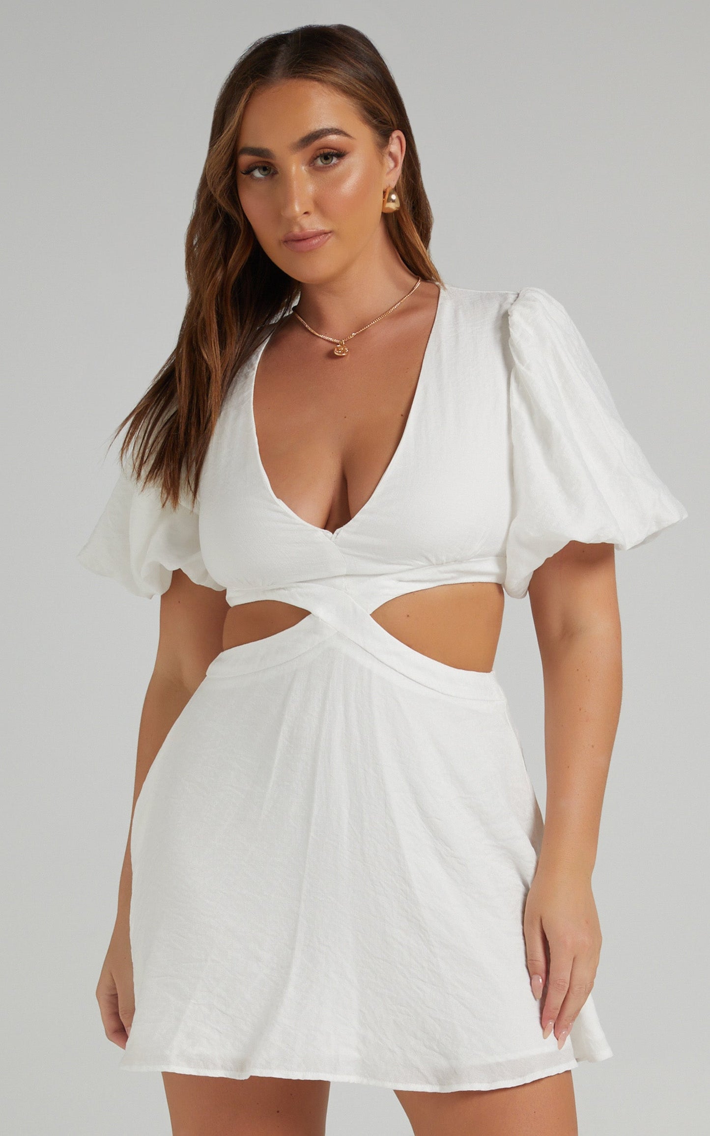 Jacqueline Side Cut Out Puff Sleeve Mini Dress in White
