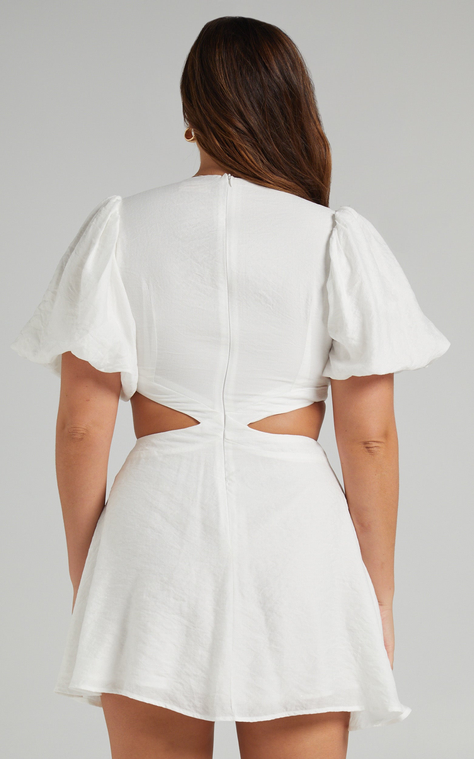 Jacqueline Side Cut Out Puff Sleeve Mini Dress in White