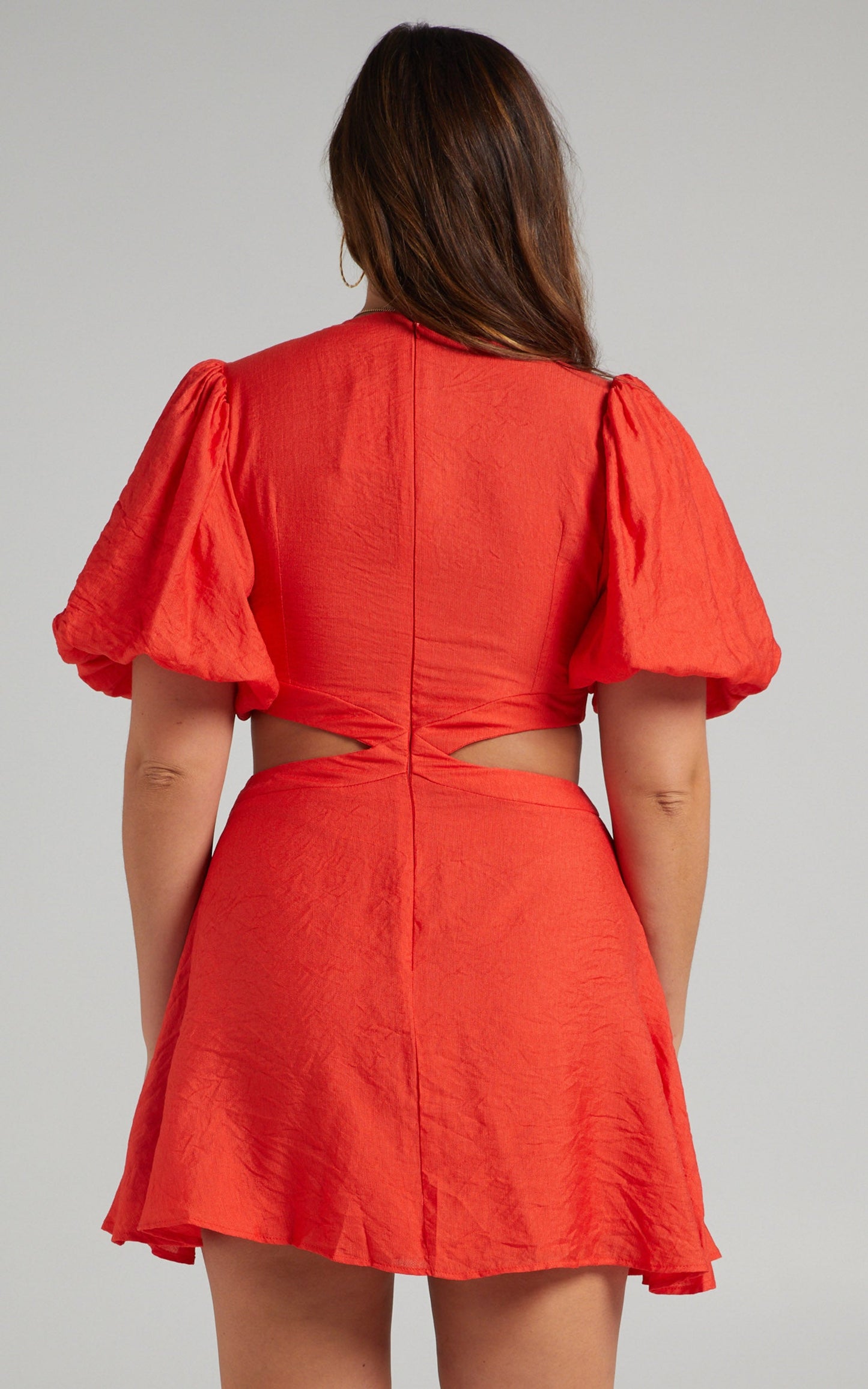 Jacqueline Side Cut Out Puff Sleeve Mini Dress in Red