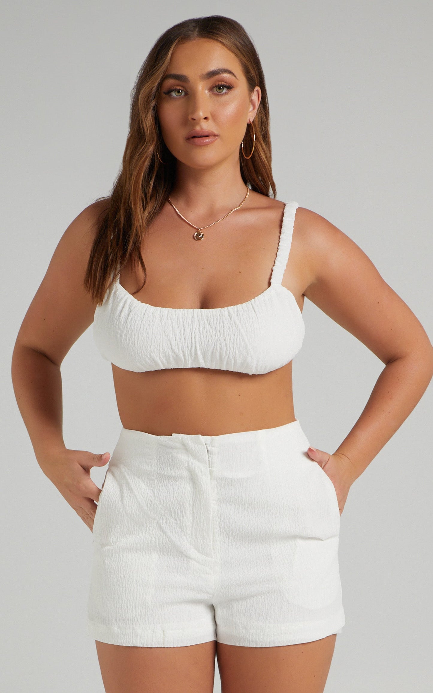 Jacynthia Ruched Crop Top and Tailored Short Set in White