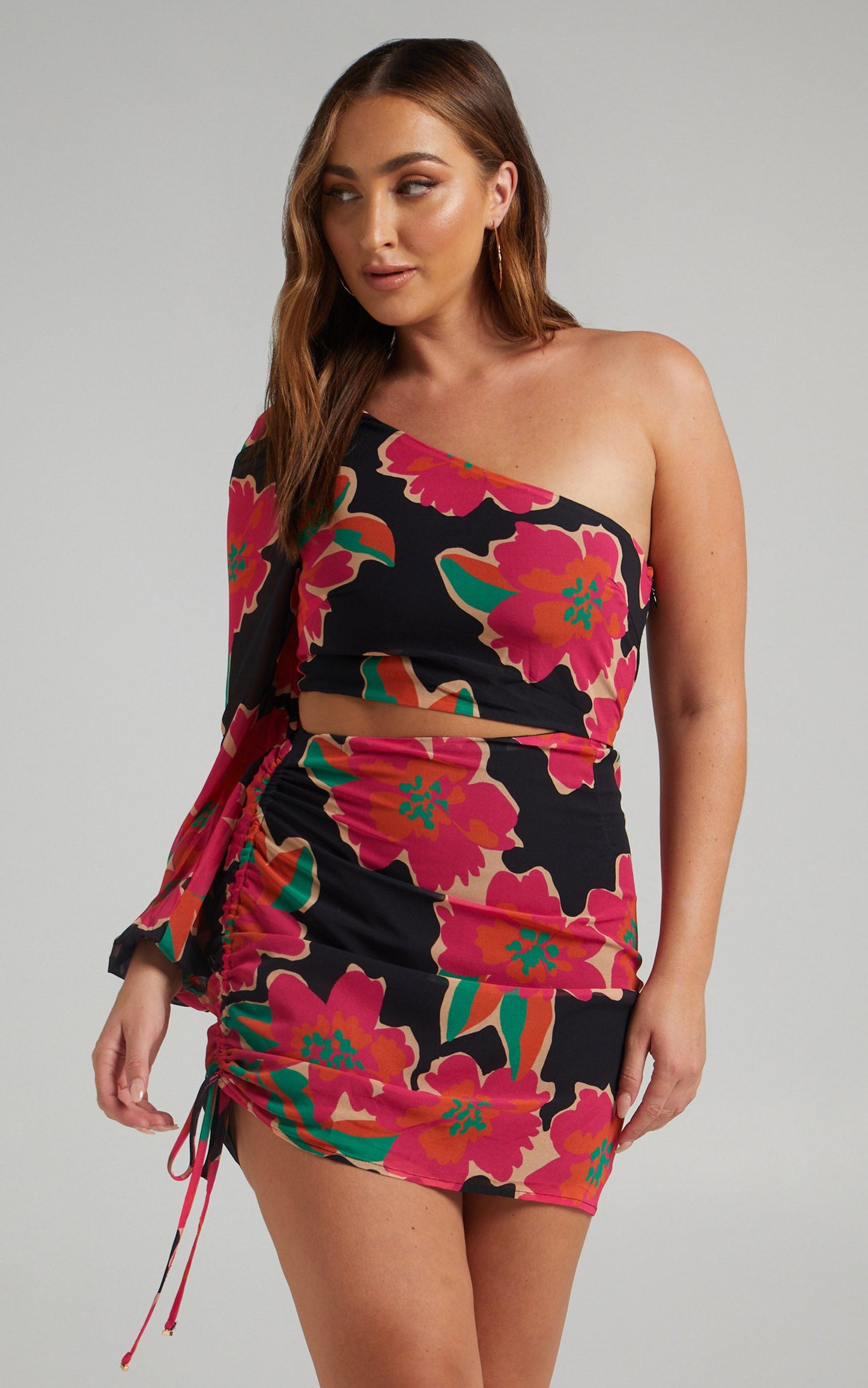Runaway The Label - Angel One Shoulder Dress in Pink Floral