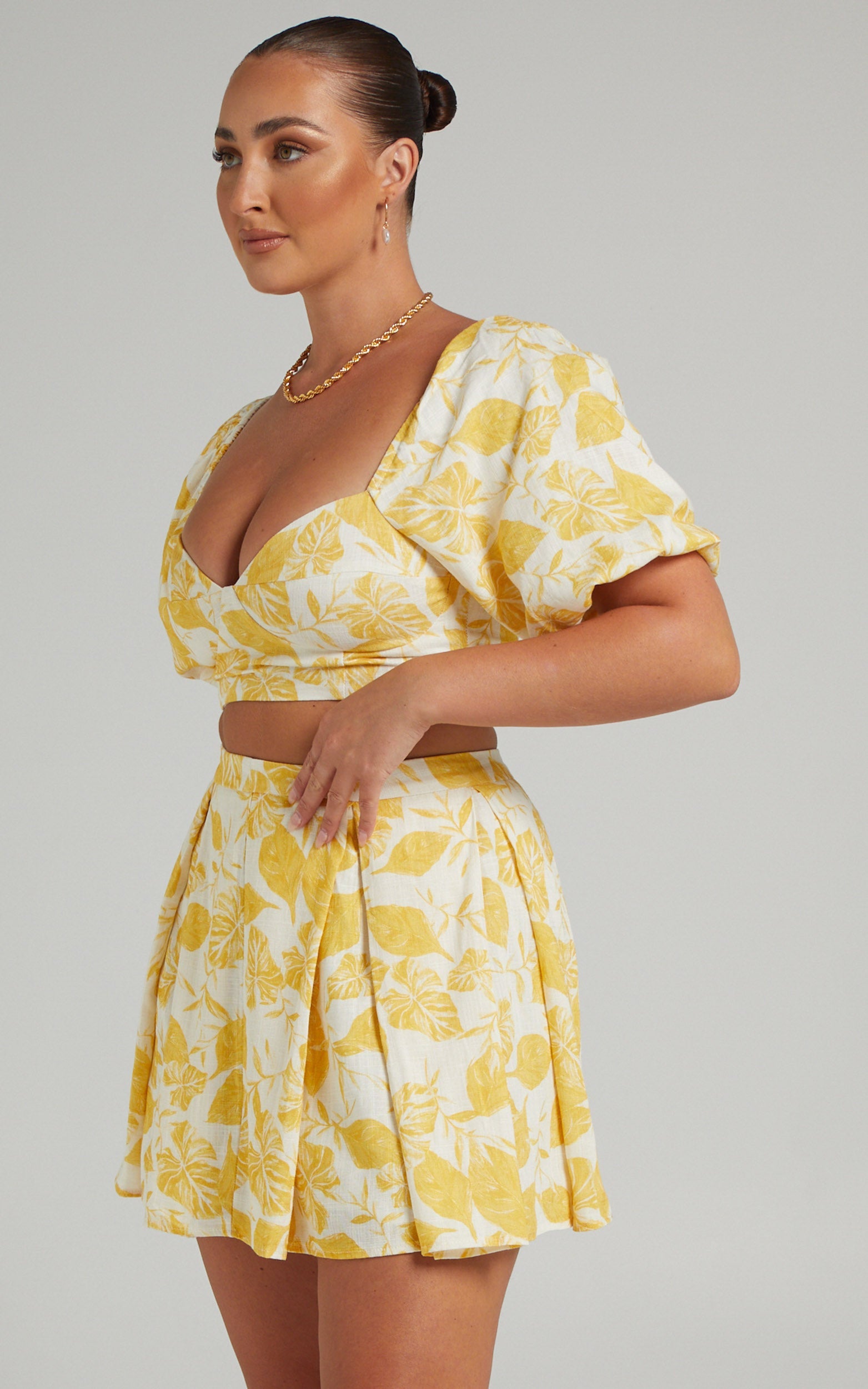 Keshini Two Piece Set - Linen Look Crop Top and Mini Skirt in Yellow Leaf