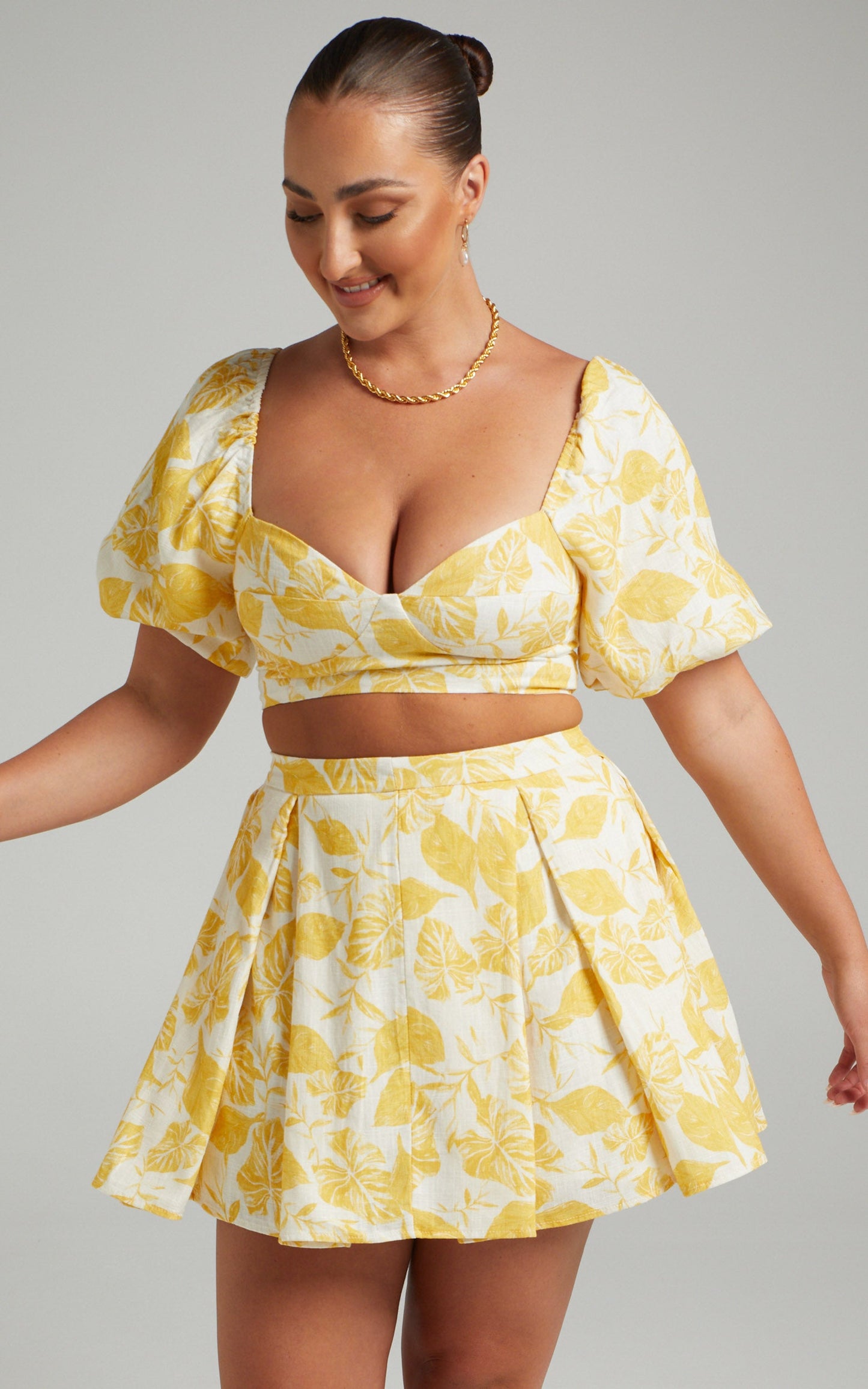 Keshini Two Piece Set - Linen Look Crop Top and Mini Skirt in Yellow Leaf
