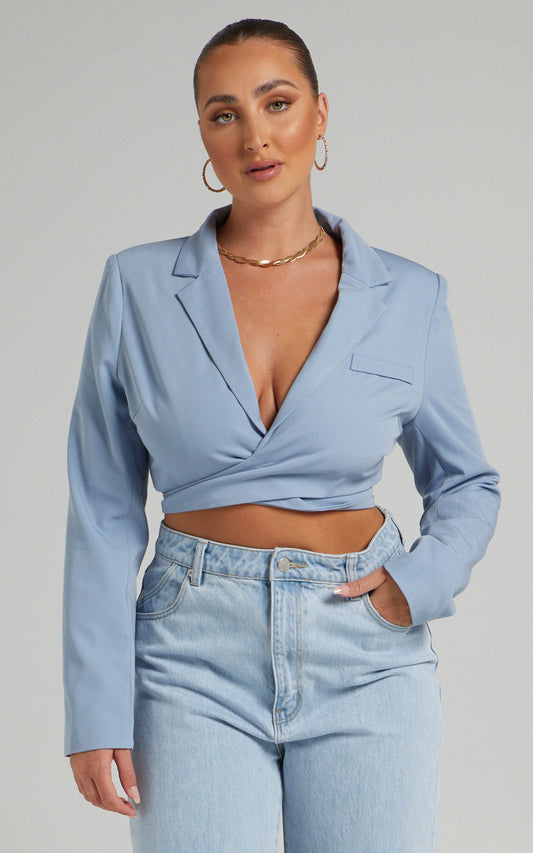 Catie Blazer - Crop Wrap Blazer in Blue